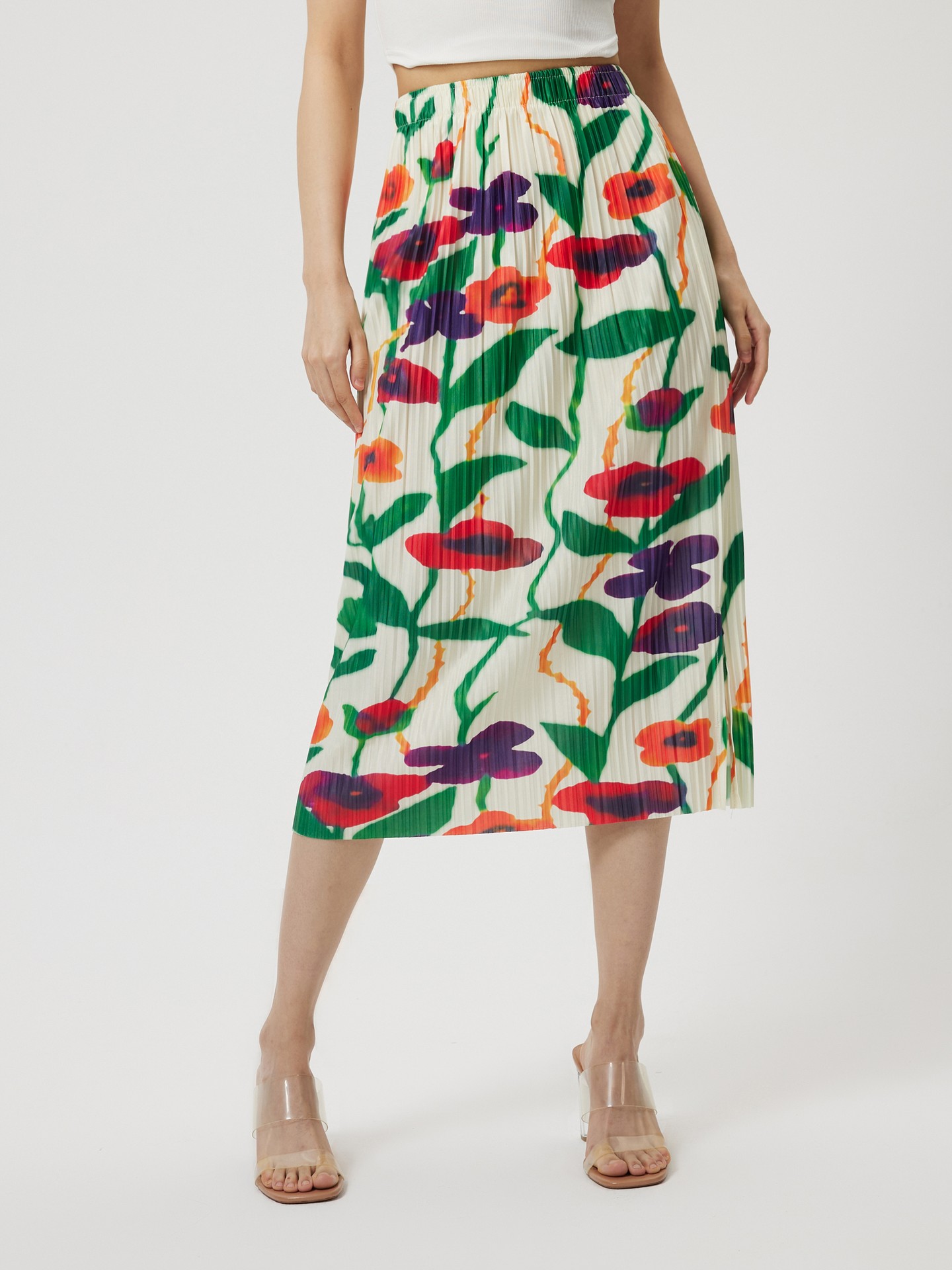 Green Printed Pleated Skirt