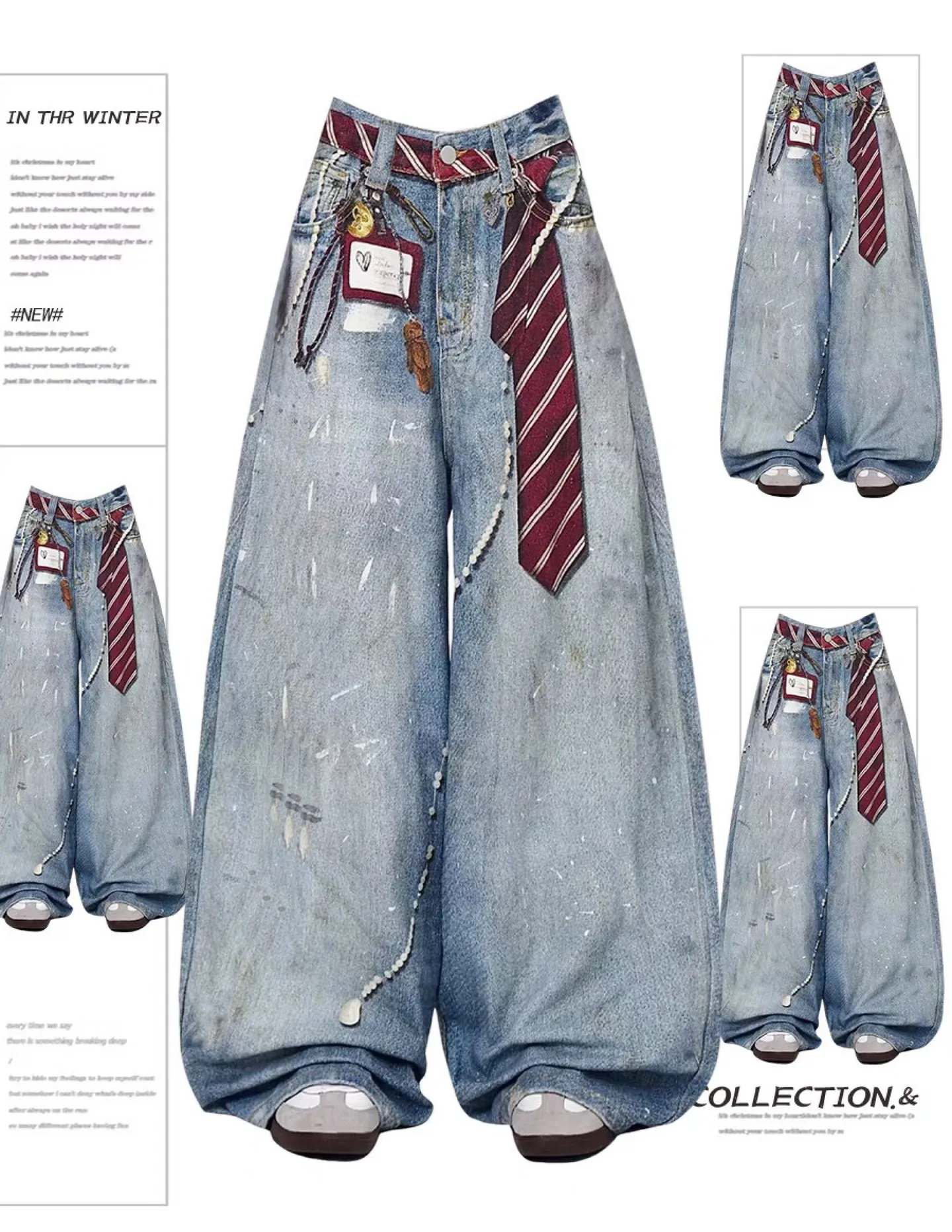 High Waist Graphic Print Vintage Light Wash Wide Leg Jeans