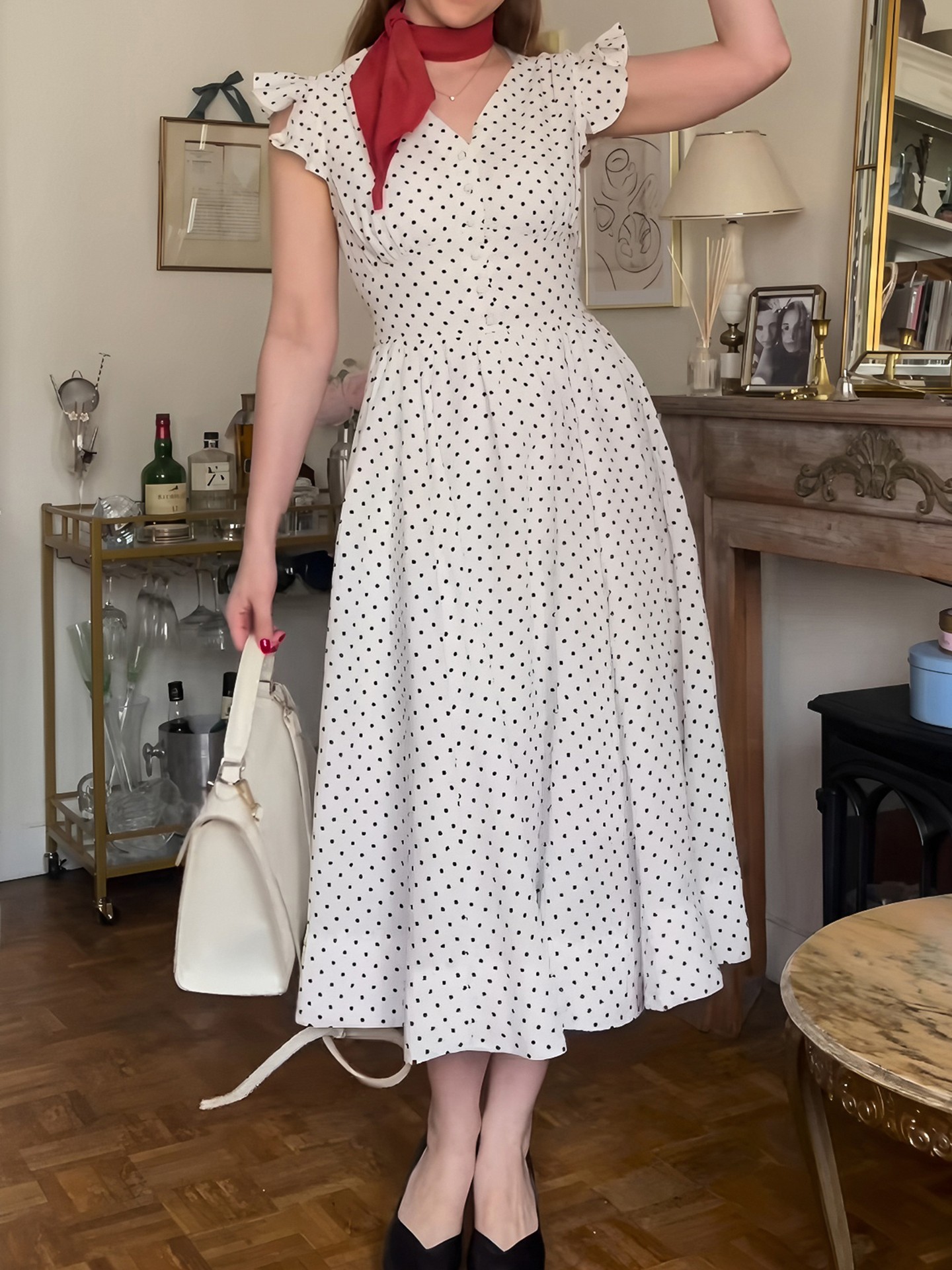 White A-Line Polka Dots Vintage Dress