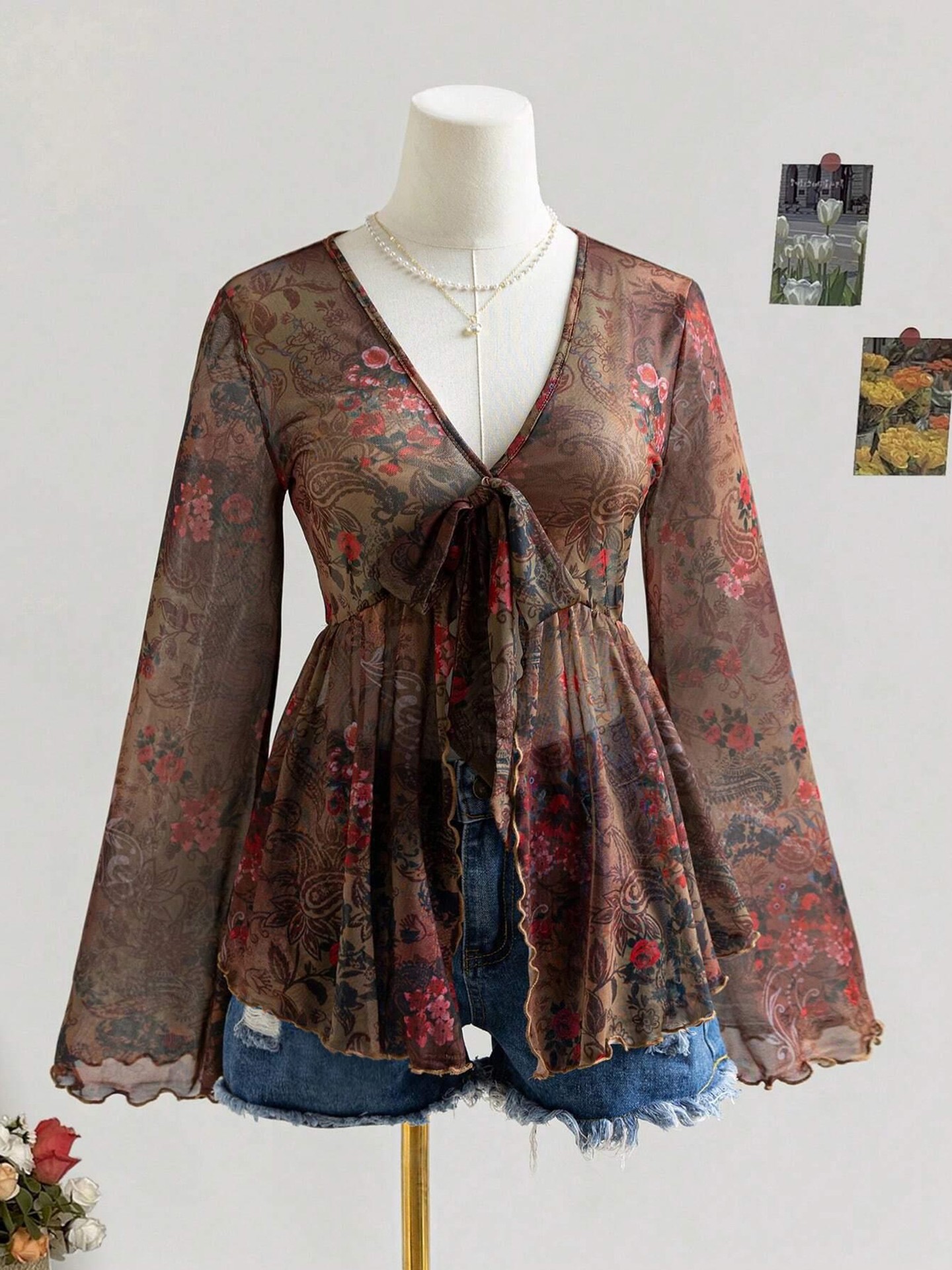 Mesh Tie Front Flared Sleeve Top