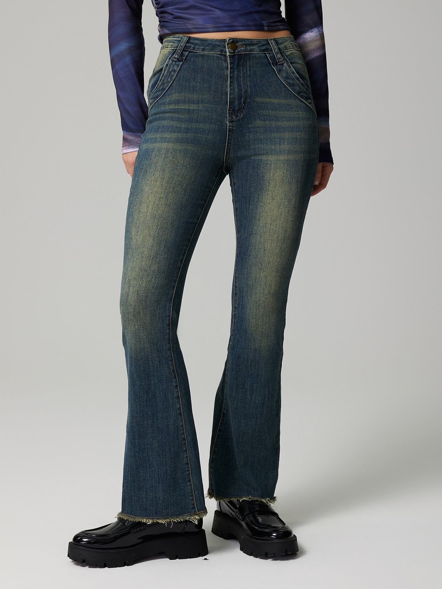 Blue Raw Hem Flare Leg Jeans
