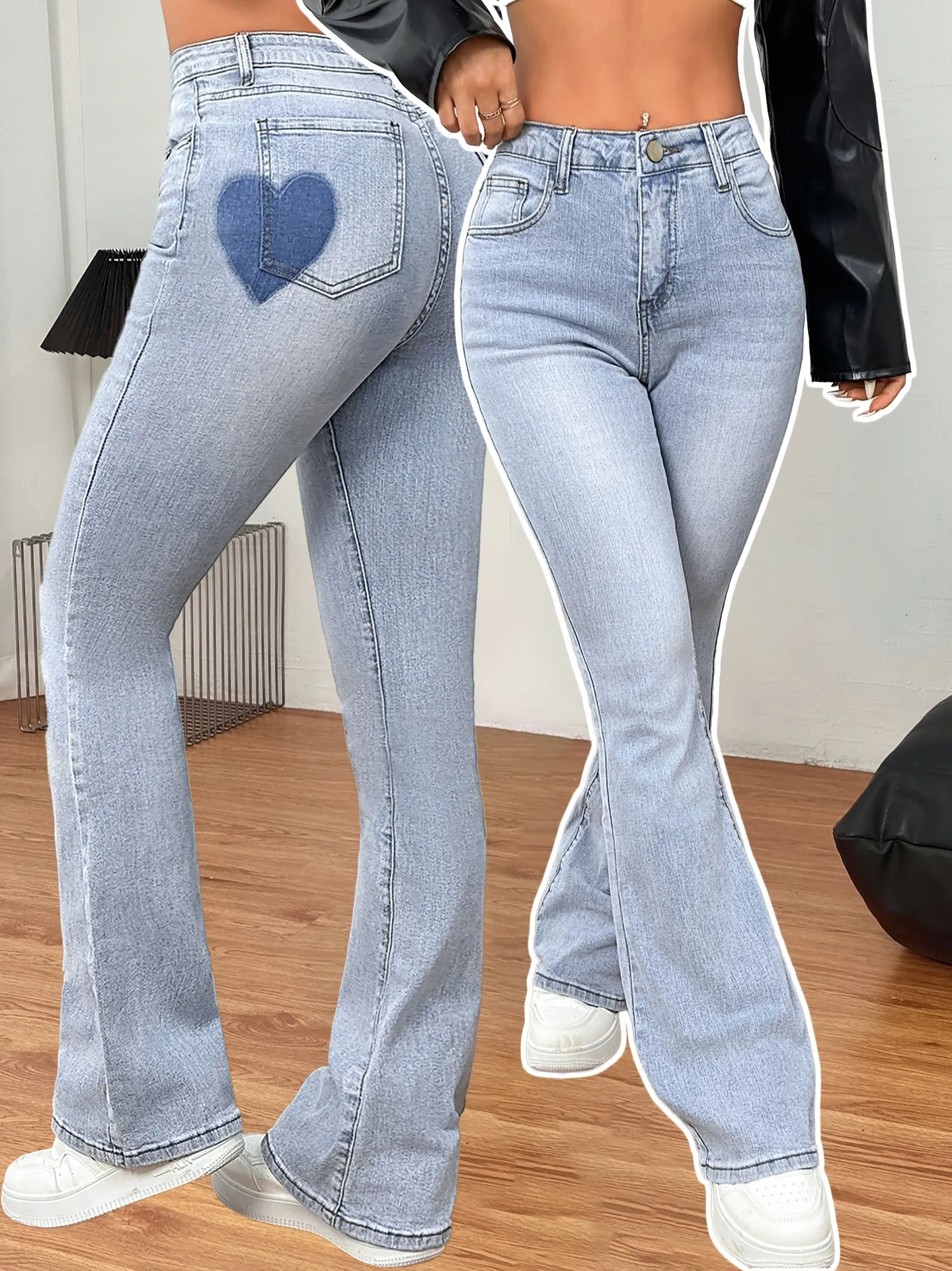 Heart hip highwaist flare BLU Ｓ High Stretch ] High Waist Heart-Shaped Pattern Flare Leg Jeans