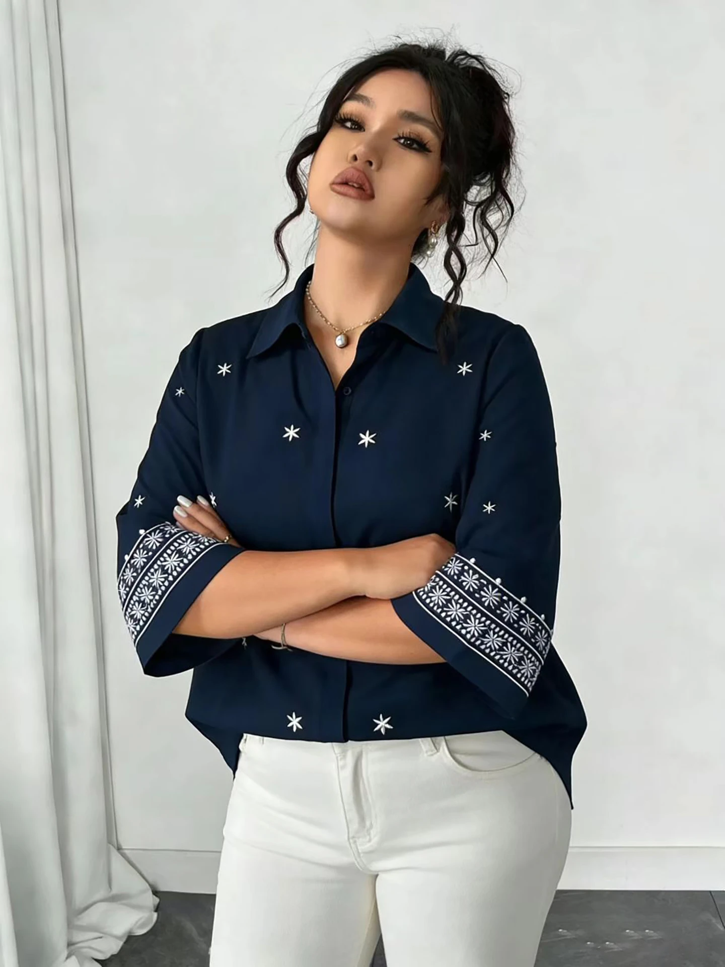 Embroidered Placket Plus Size Embroidered Placket Blouse | Savana | Bestsellers