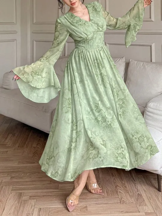 chinese dress ladies Zapaka Women Long Prom Dress Tulle Green Off The Shoulder Long Sleeves A-Line Evening Formal Dresses, Green / US12