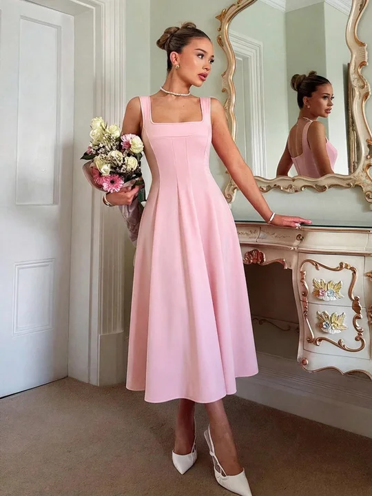 tailored crepe asymmetric pleated midi dress Pink Lace Prom Dresses,Spaghetti Straps A-line Dress,PD00465 main image 1