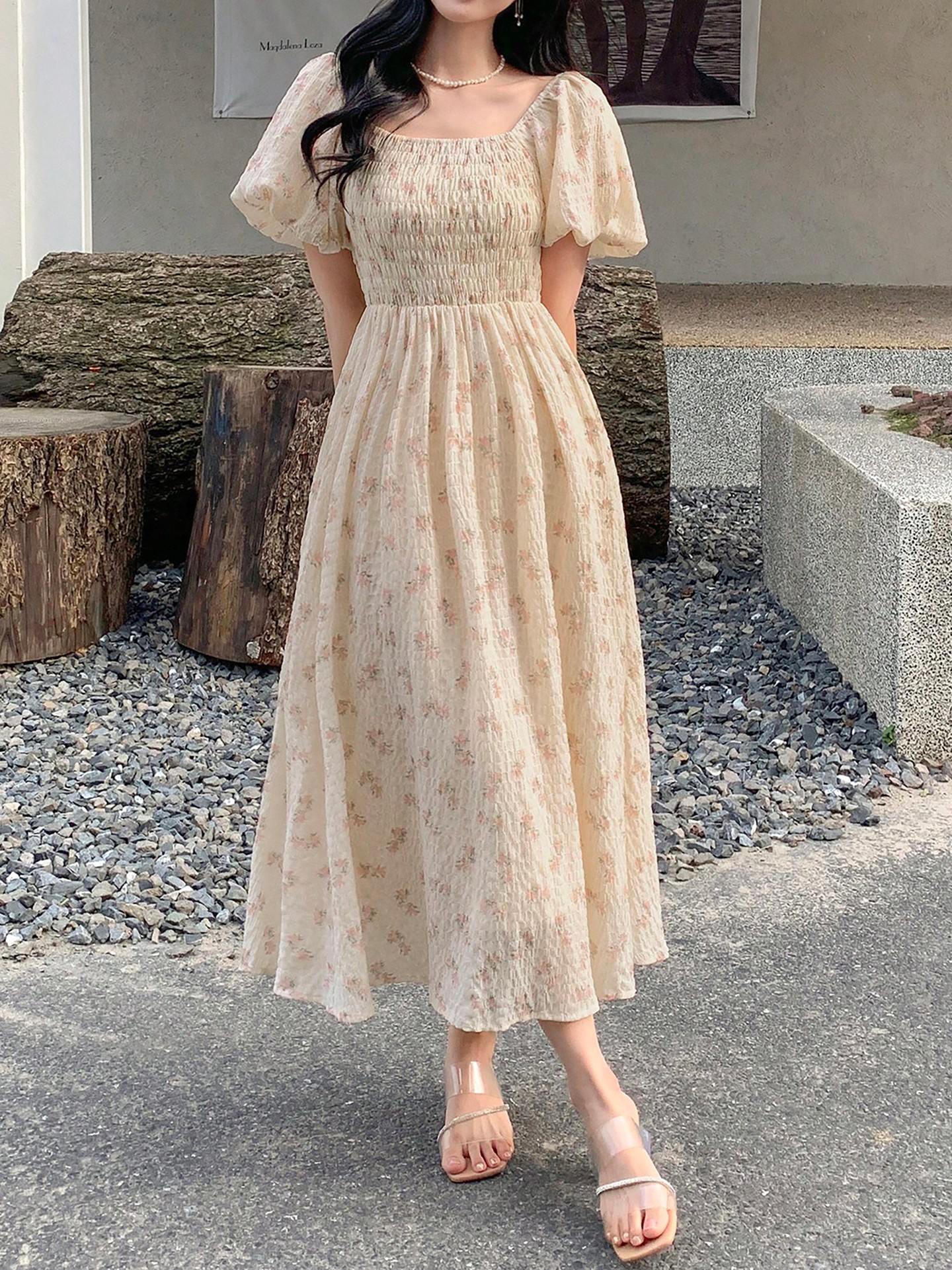 Apricot Smocking A-Line Dress