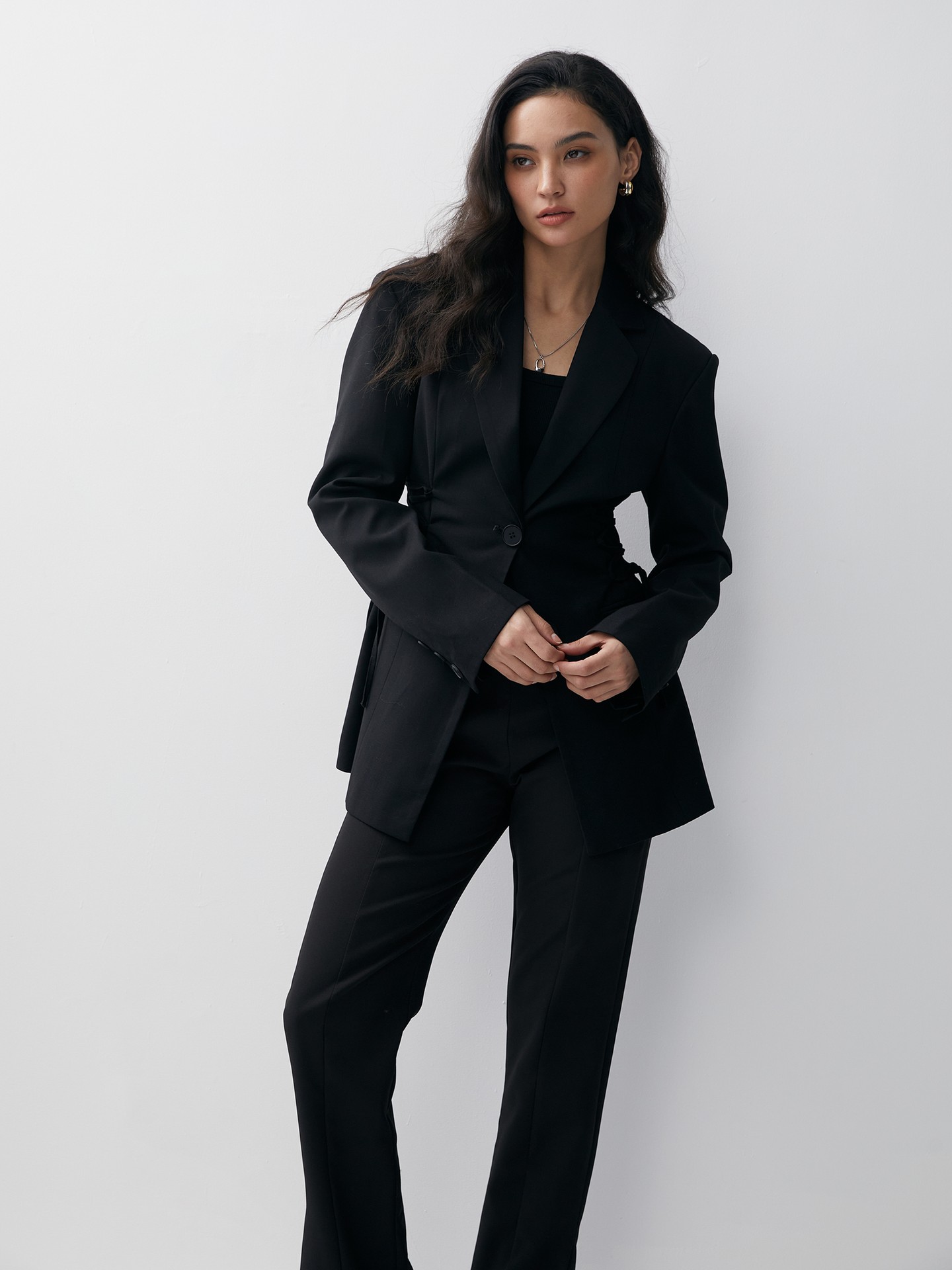 Black Lace Up Single-Breasted Blazer