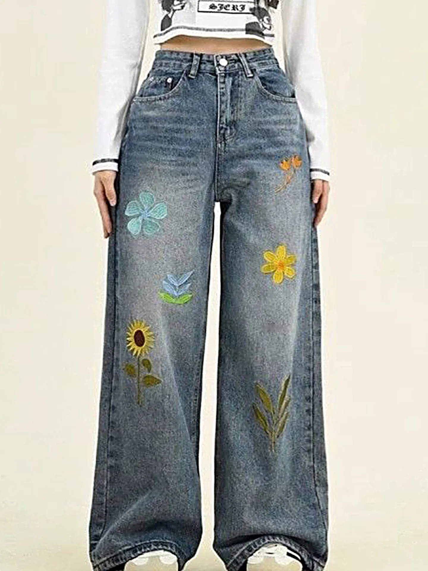 Women's Embroidered Bell Bottom Jeans - Stretch Flared Wide Leg Denim, Sunflower Embroidery, Size 4 - View #4