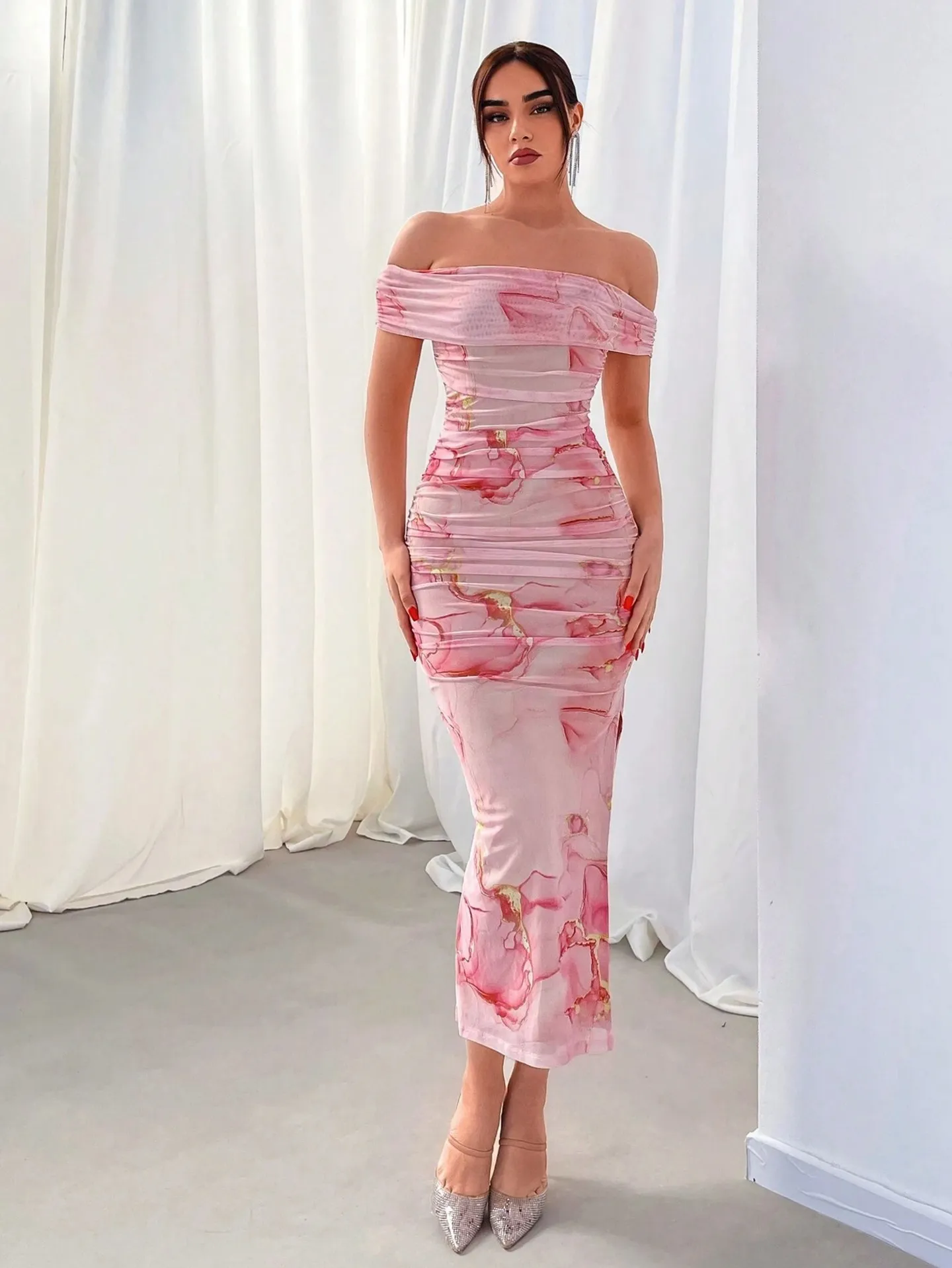 dresses that hang off the shoulder La Divine CD790 Fitted Stretchable Gown with Off-the-Shoulder Sleeves Front Leg Slit Ruched Bodice; Perfect for Bridesmaids Black / 6
