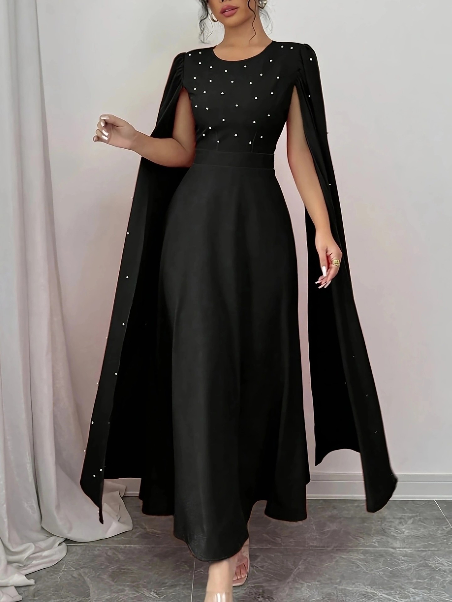 Black Pearled A-Line Dress