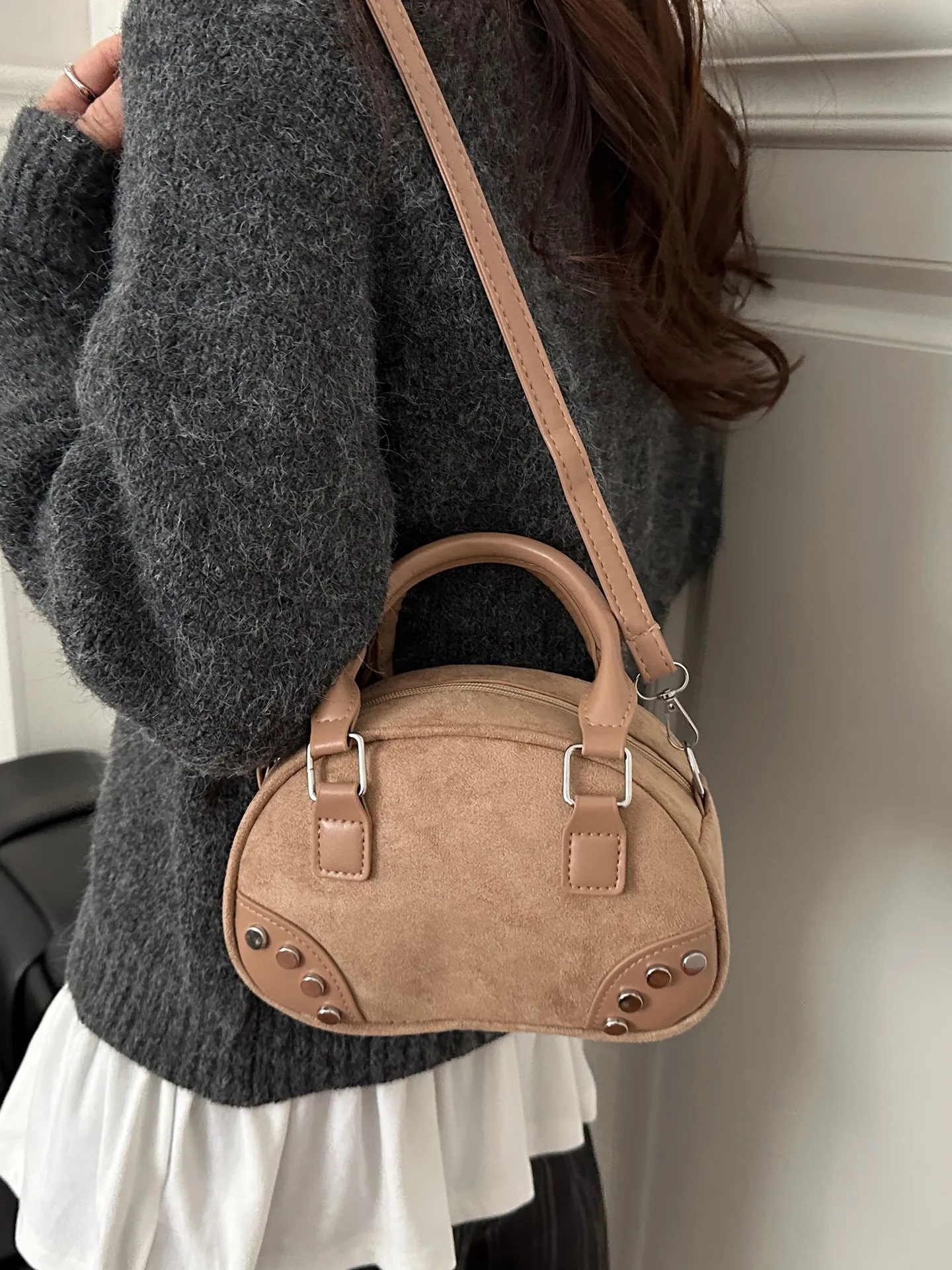 Studded Top Handle Shoulder Bag - Beige
