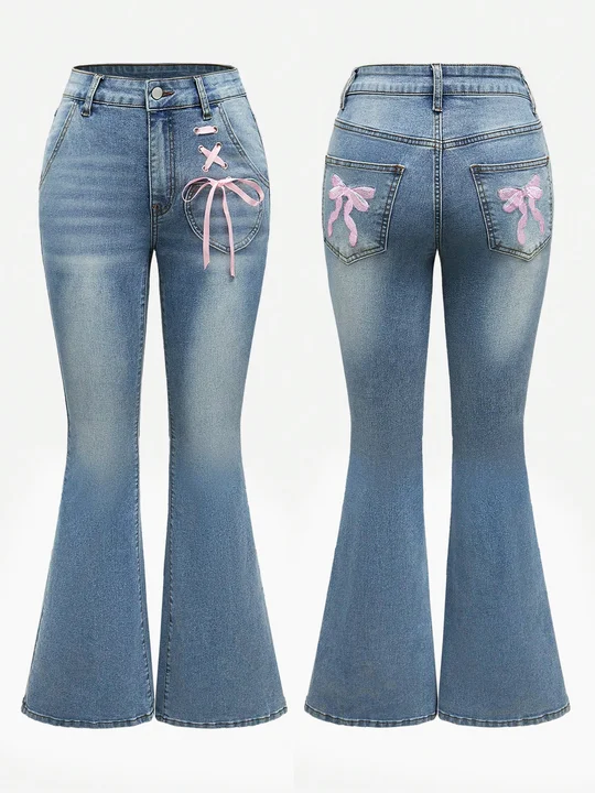 High Stretch ] High Waist Heart-Shaped Pattern Flare Leg Jeans