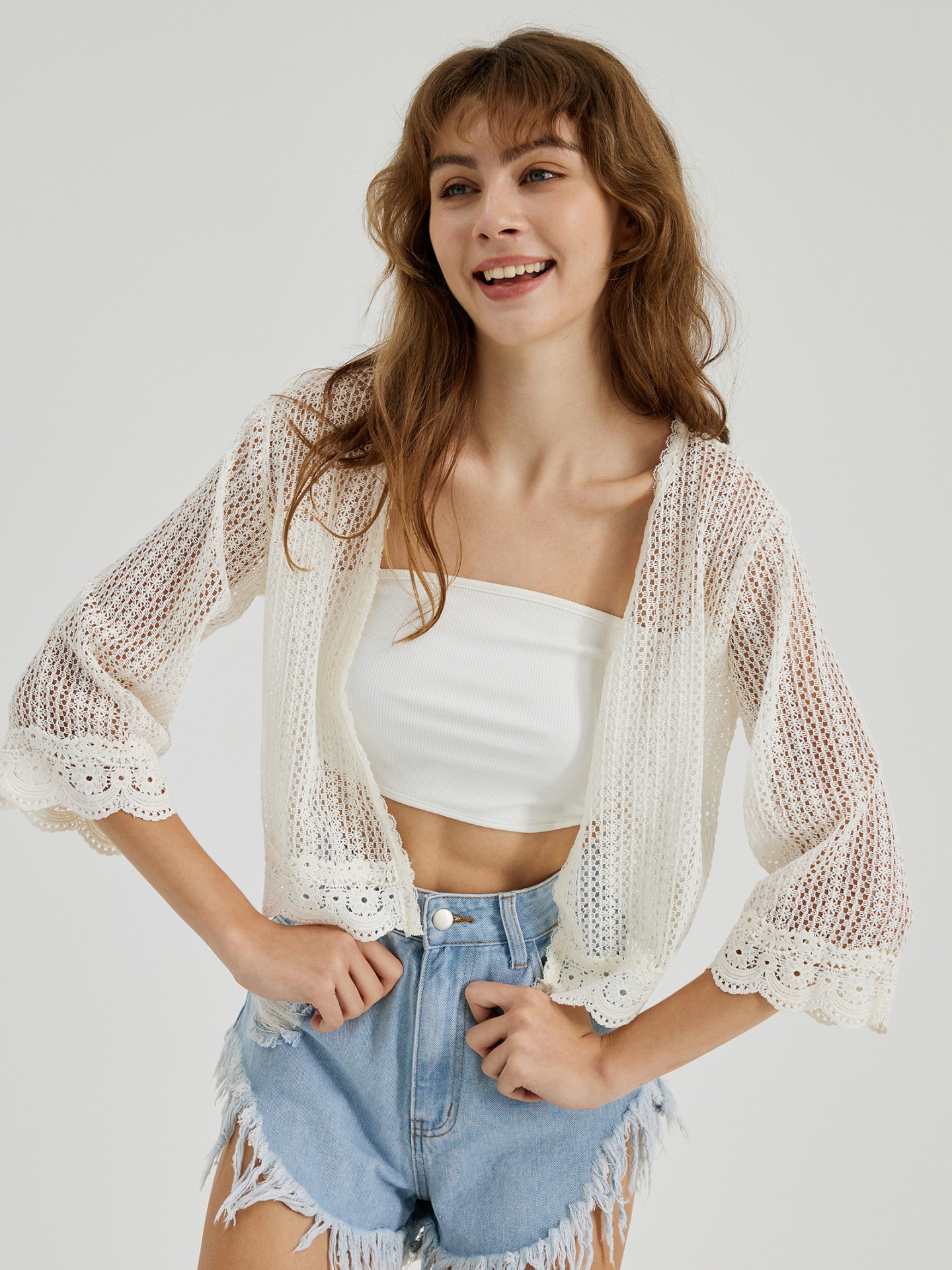 Ivory Openwork Knit Cardigan With Lace Trim
