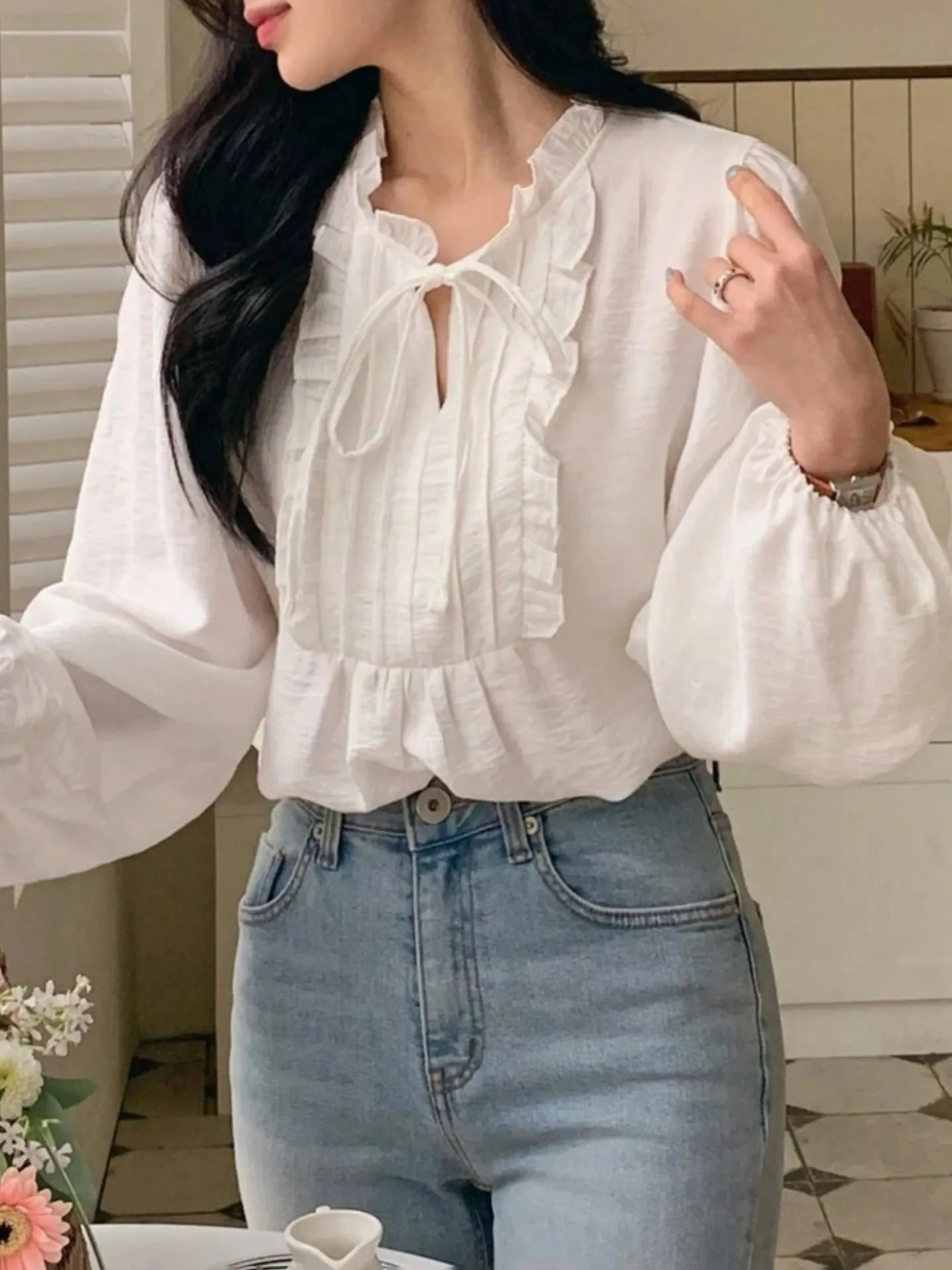 Winter White Ruffle Panel Tie Neck Blouse | Savana | Bestsellers