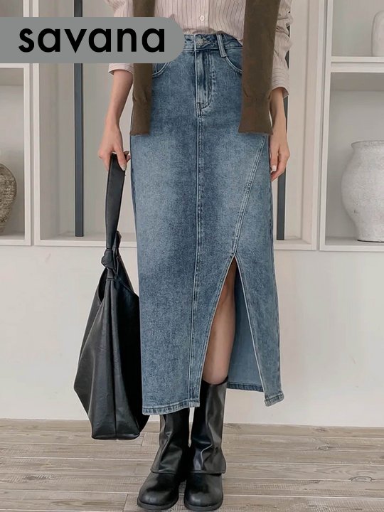 High Waist Vintage Medium Wash Slit Denim A-Line Skirt