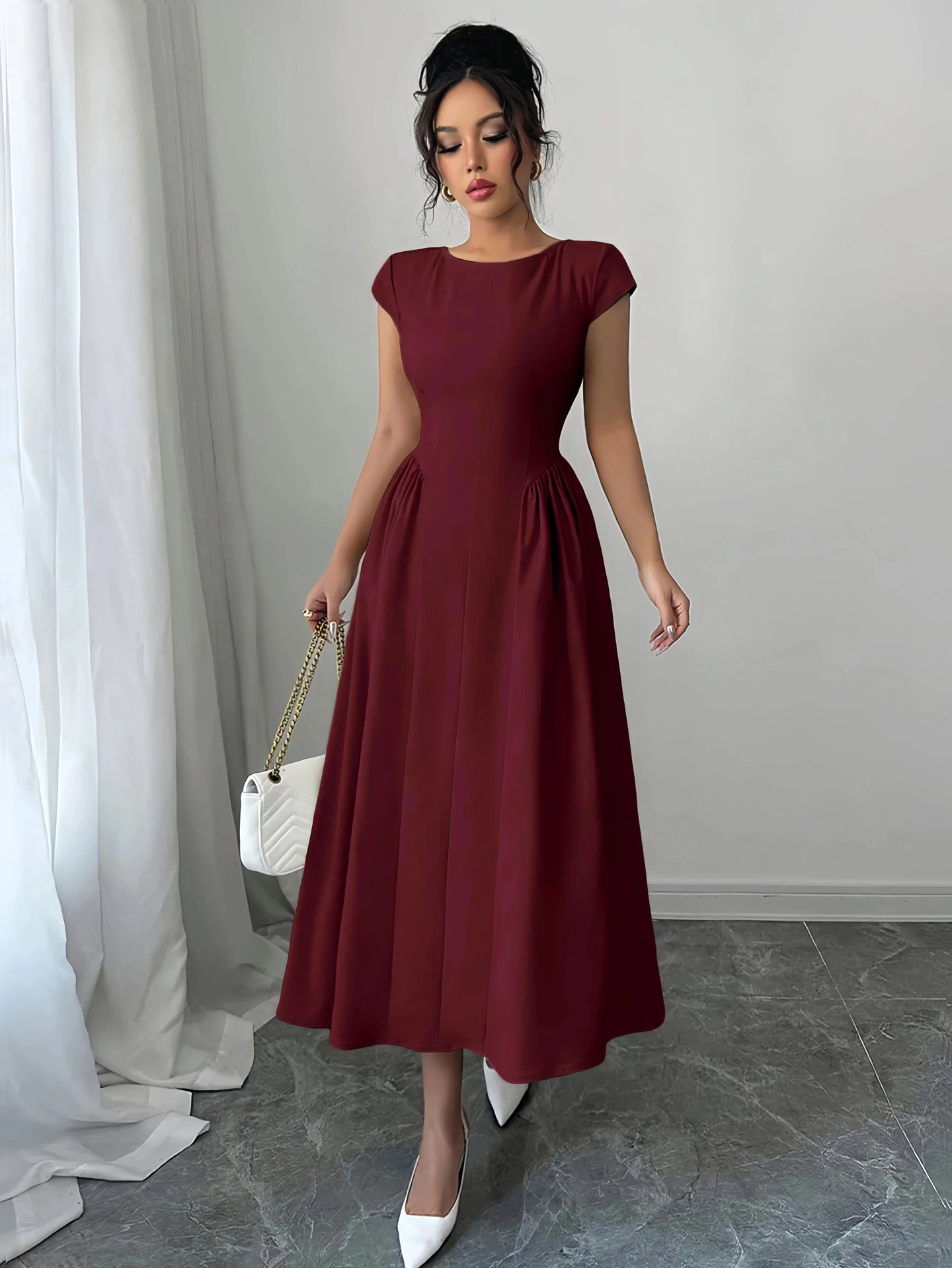 knee length dresses for ladies Burgundy A-Line Cap Sleeves Lace Cut-Out Back Chiffon Long Bridesmaid Dress Burgundy / US 6 main image 1
