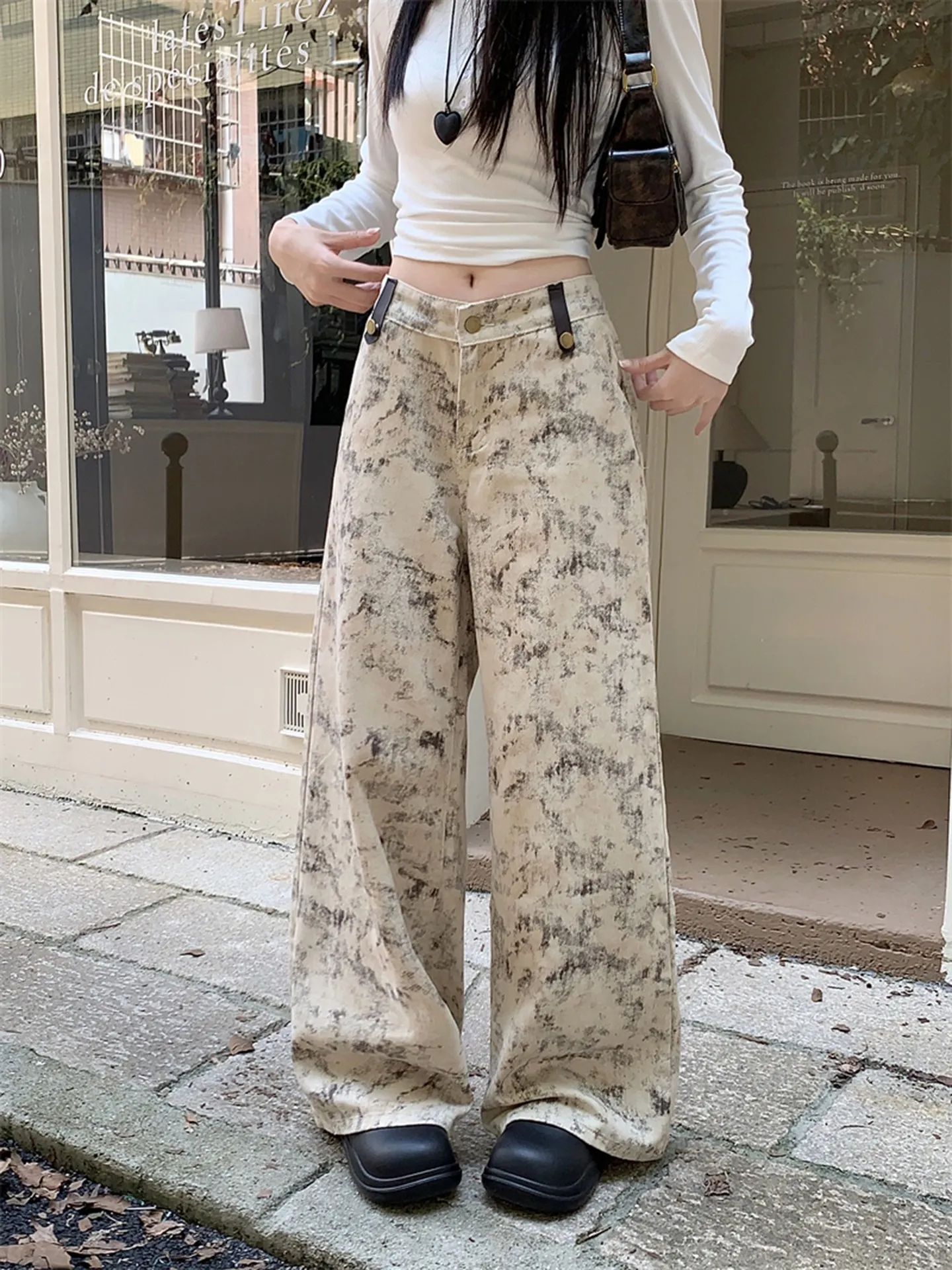 Sanhoostudio Embroidered Washed Patchwork Wide Leg Denim Pants
