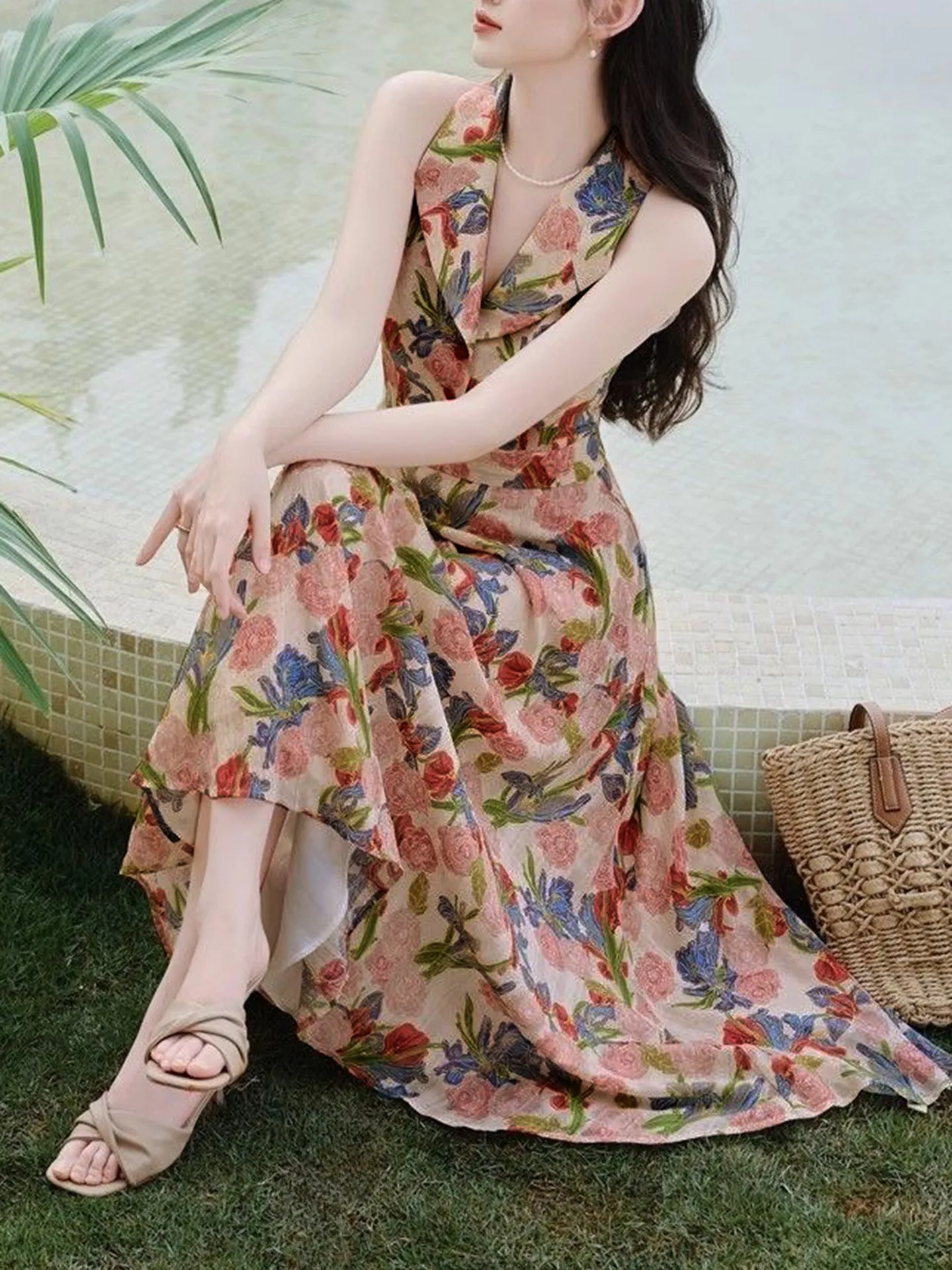 Anavini Pink Pique Sleeveless A-Line Dress with Swiss Eyelet and Embroidered Flowers main image 1