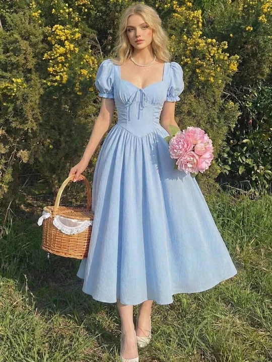 navy blue dress for baby girl Women's Western Puff Short Sleeve Smocked Midi A-Line Dress main image 0