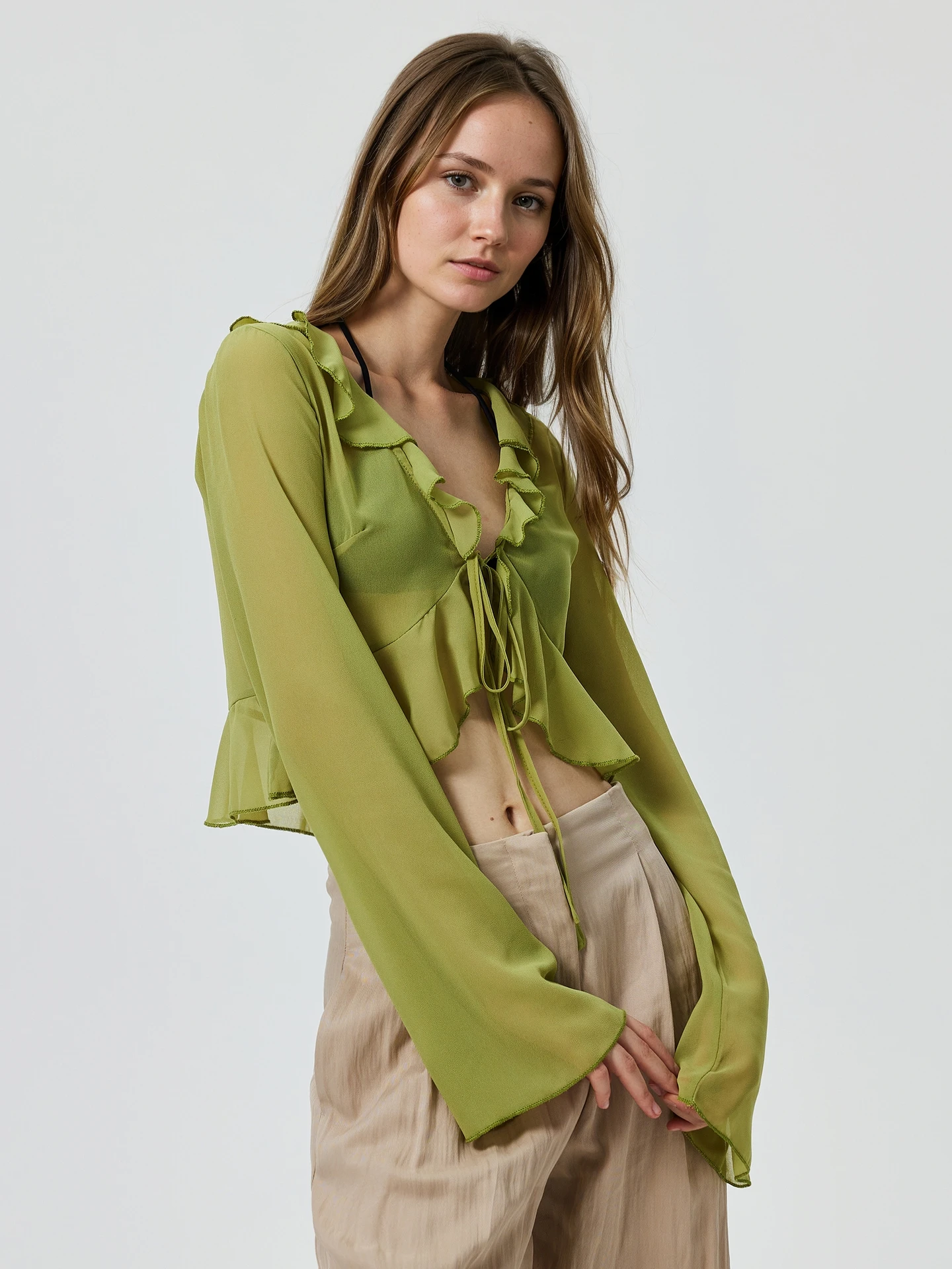 Cropped Sheer Blouse With Ruffle Detail | Savana | Bestsellers