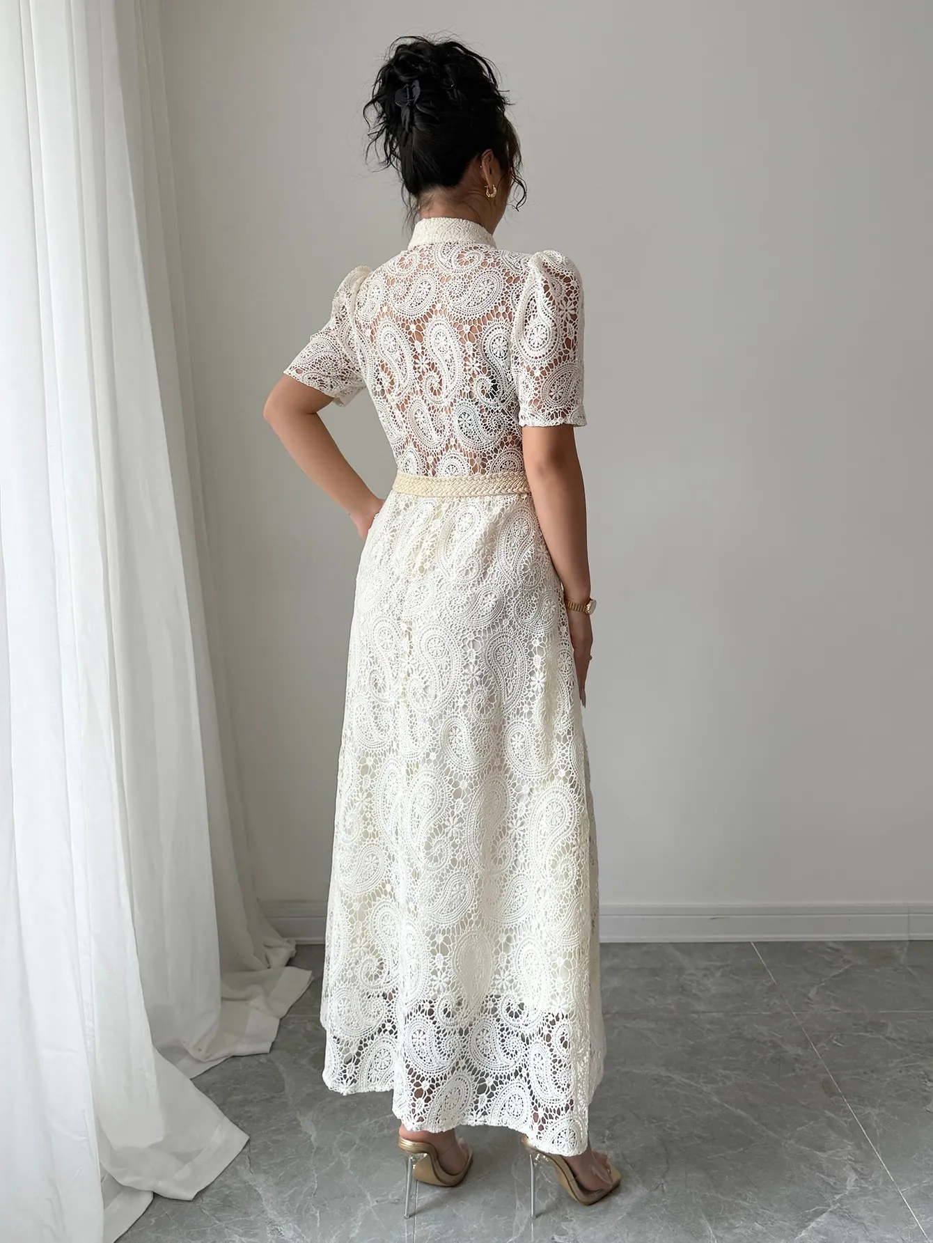 Puff-Sleeve Belted A-Line Short Coat Waist-Defining main image 0