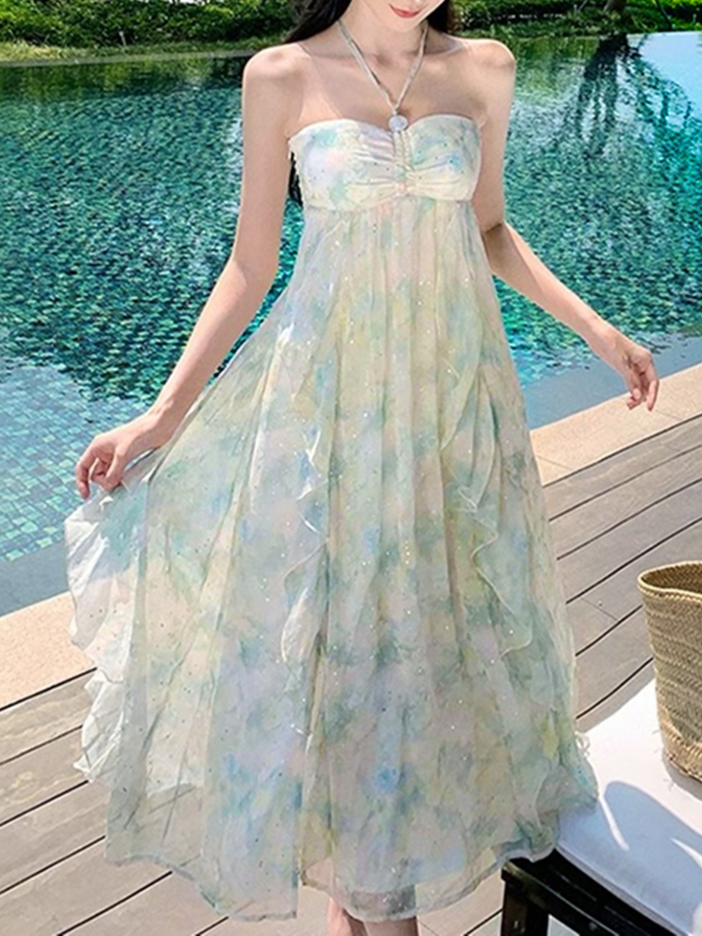 Sweet A-Line Sleeveless Watercolour Floral Ruffle dress