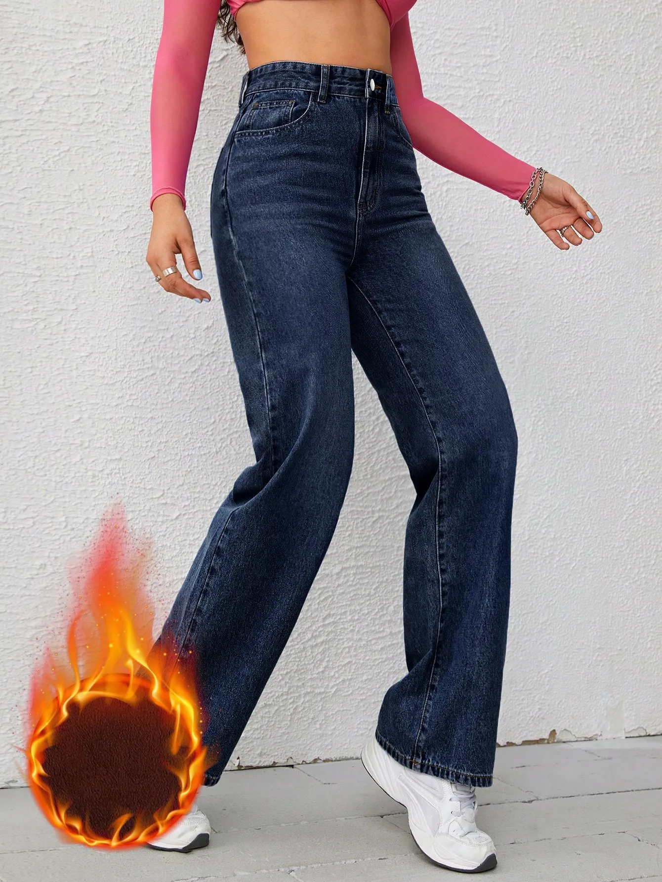 [ Slight Stretch ] High Waist Fleece-Lined Dark Wash Straight Leg Jeans ...