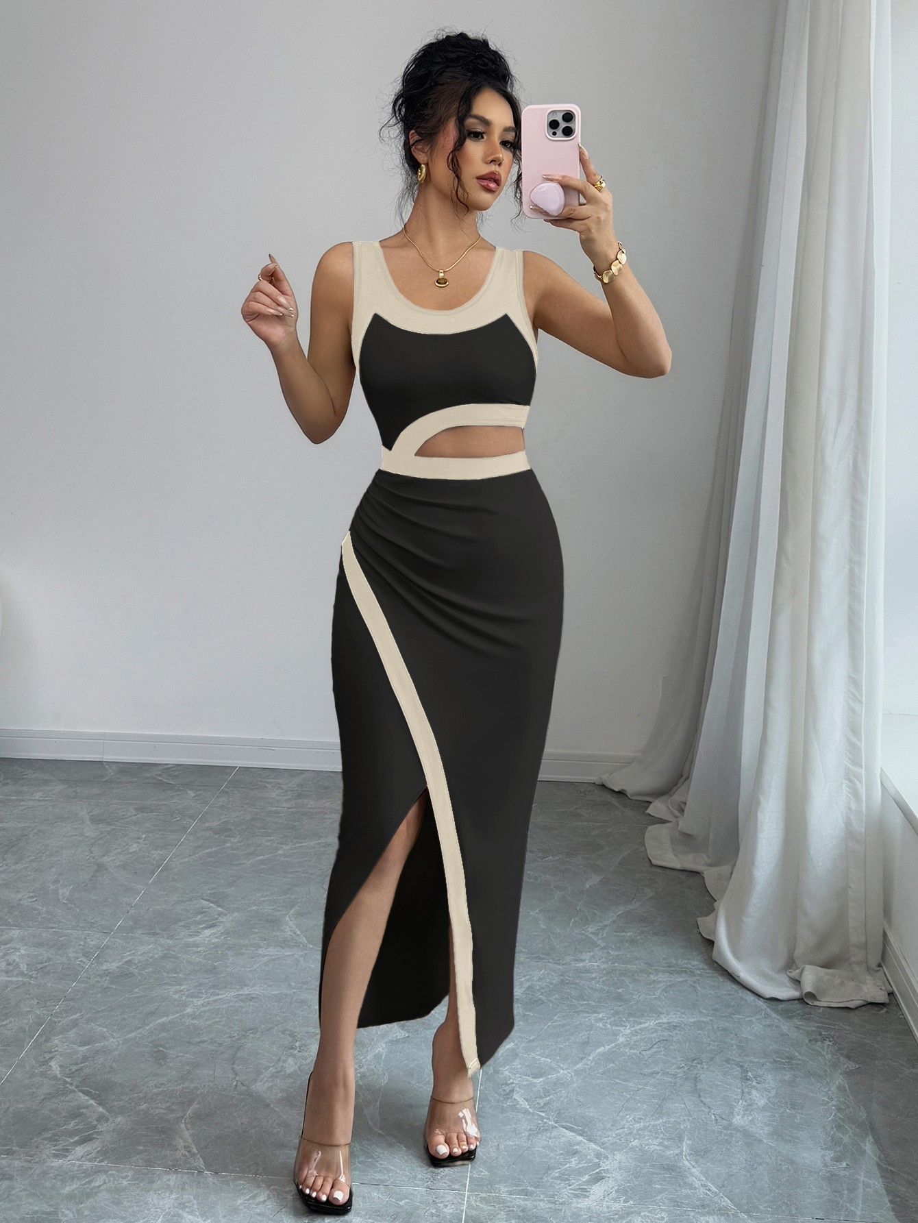 Black Colour Block Tank Dress