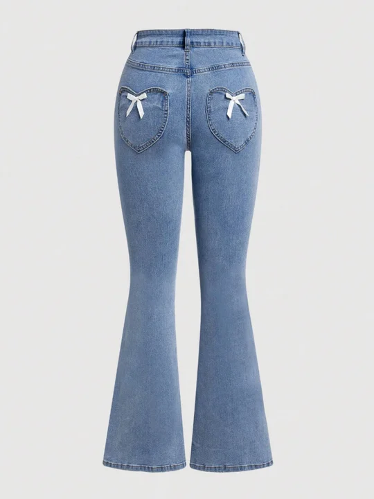 パンツ Heart hip highwaist flare denim Blue High Stretch ] High Waist Heart-Shaped Pattern Flare Leg Jeans