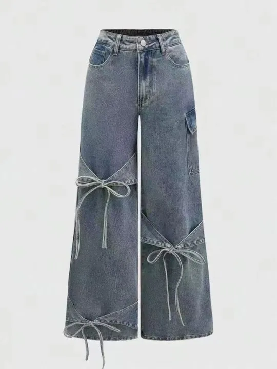 High Waist Graphic Print Vintage Light Wash Wide Leg Jeans