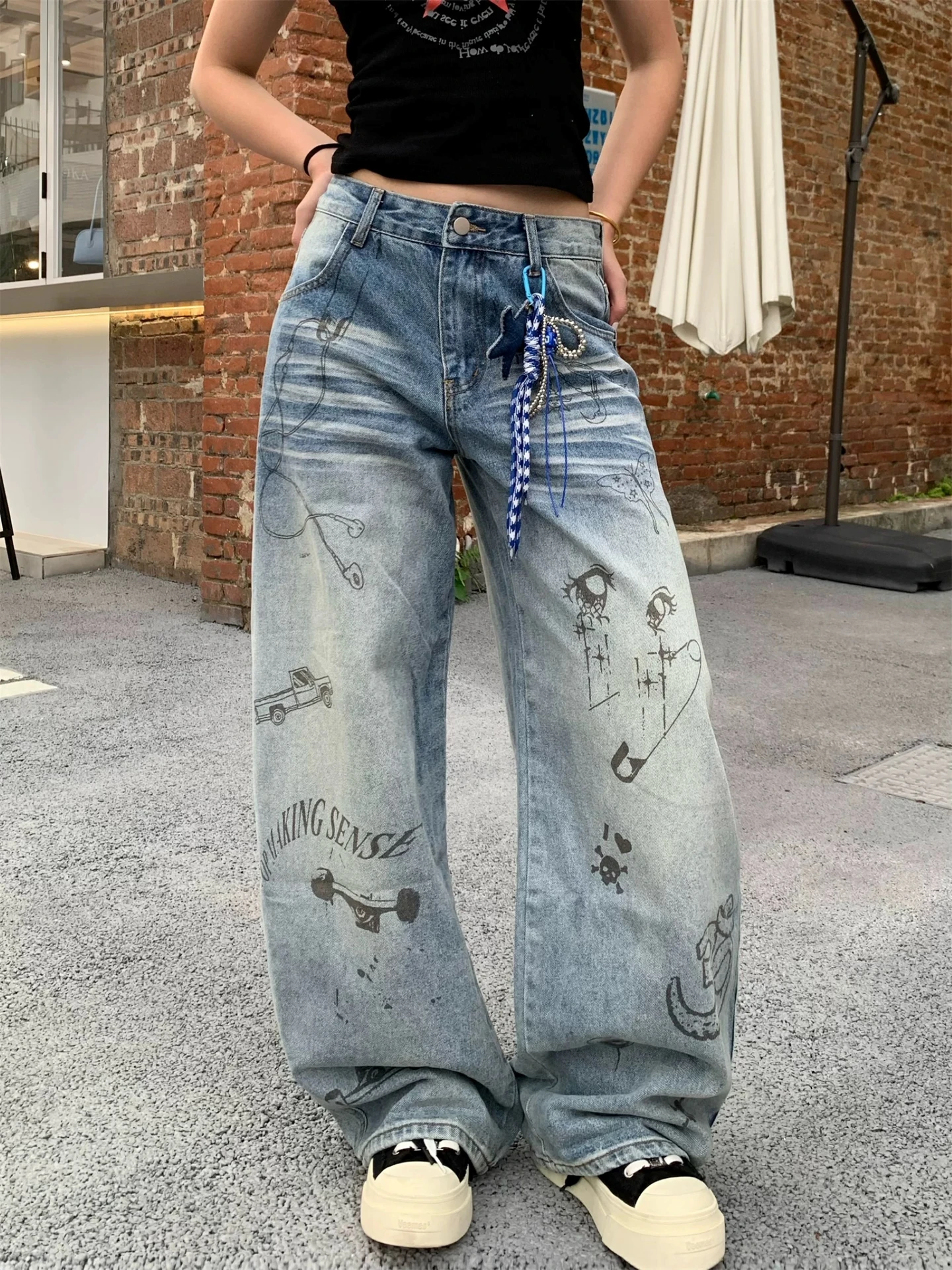 LGB hand graphic タンクトップ Y2K Y2K High Waist Cartoon Print Light Wash Wide Leg Jeans | Savana