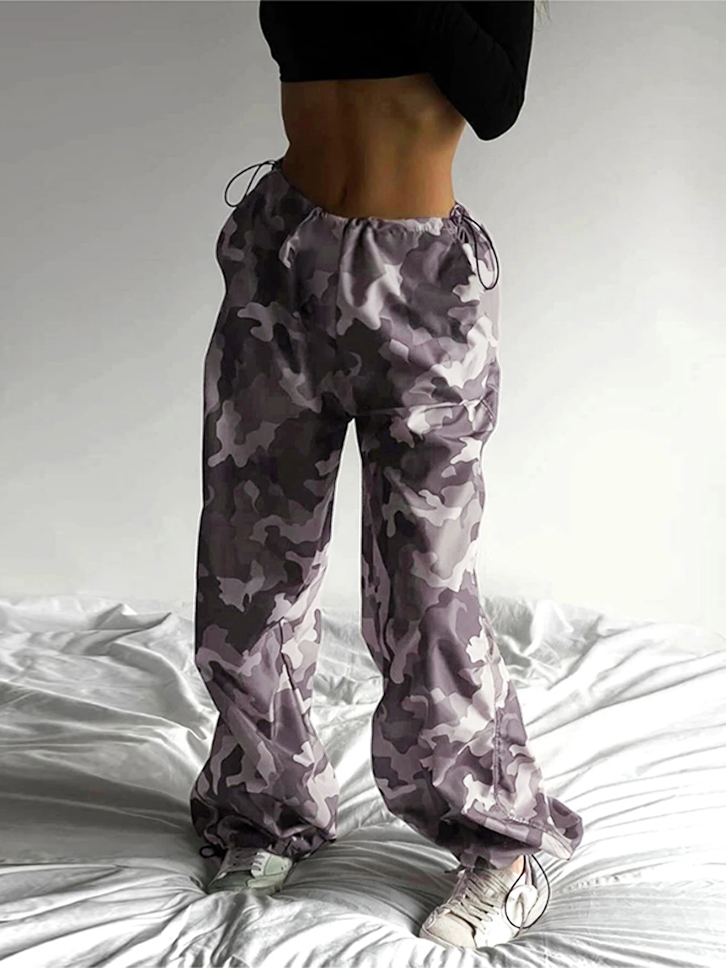 Straight Leg Women's Drawstring Camo Pants Camouflage Cargo
