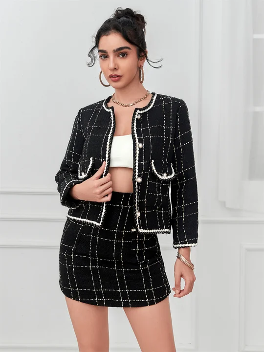 【NONCODE】Annyou stripe tweed jacket + skirt set DHgate.com:Tweed Jacket Skirt Set - Chic Plaid Two Piece