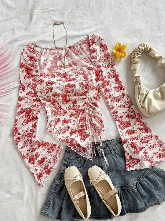 Women's Sheer Mesh Flare Sleeve Blouse - Tie Front Ruffle Hem Peplum Crop Top