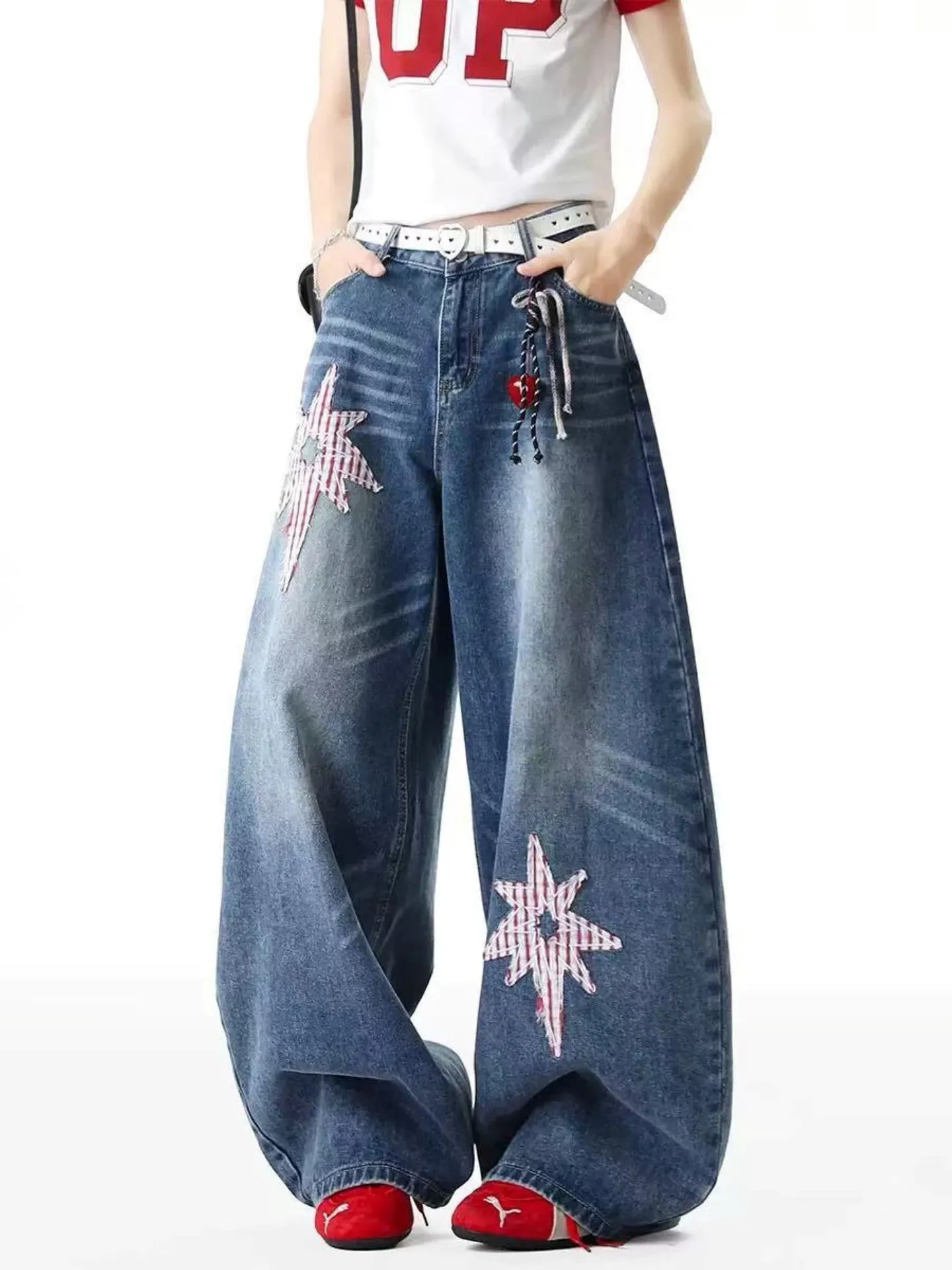 High Waist Y2K Star Patch Dark Wash Wide Leg Jeans | Savana
