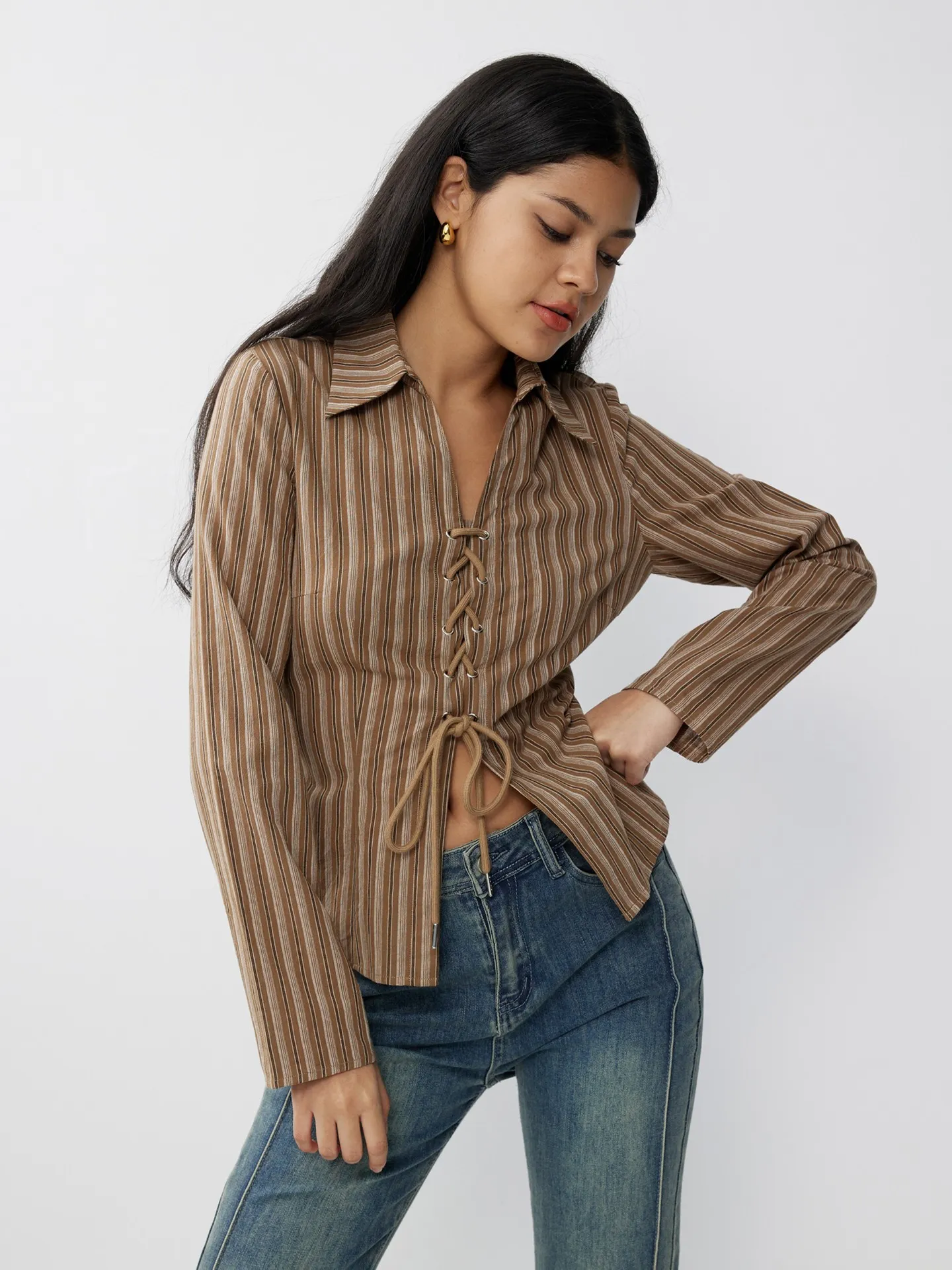 Striped Lace Up Blouse
