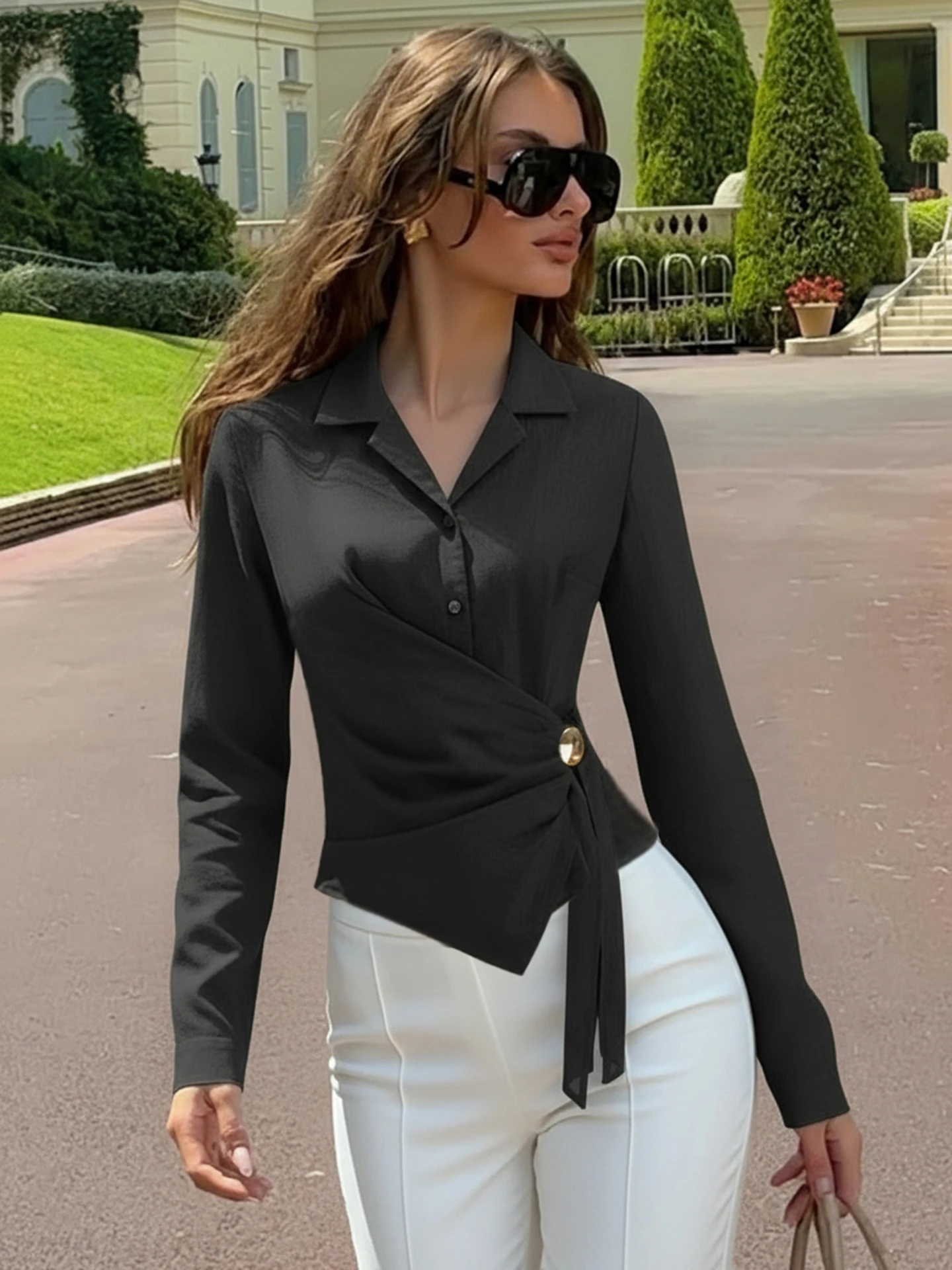 Chic Asymmetric Tie-Waist Blouse with Golden Buckle Detail
