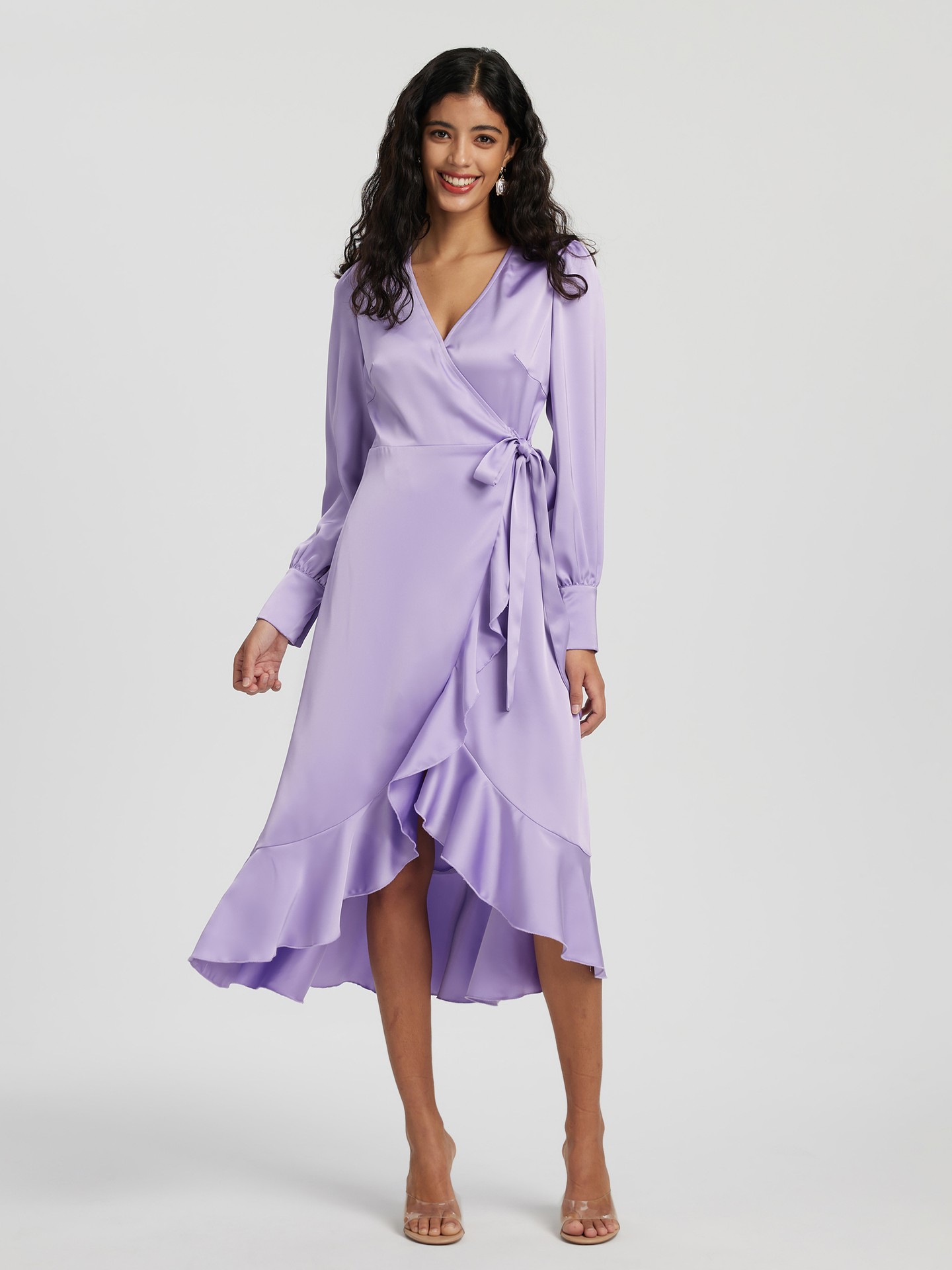 Purple Satin Wrap Midi Dress