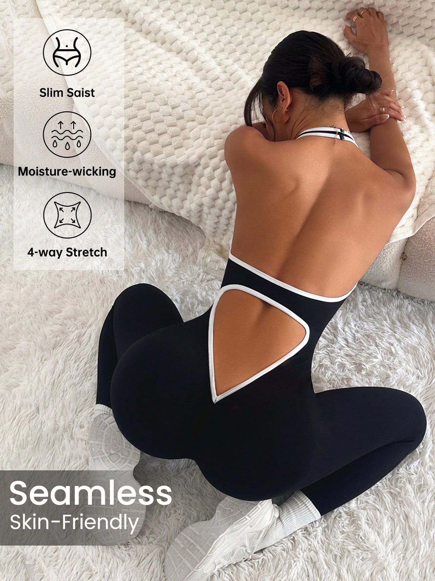 Black Backless Color Block Gym Jumpsuit