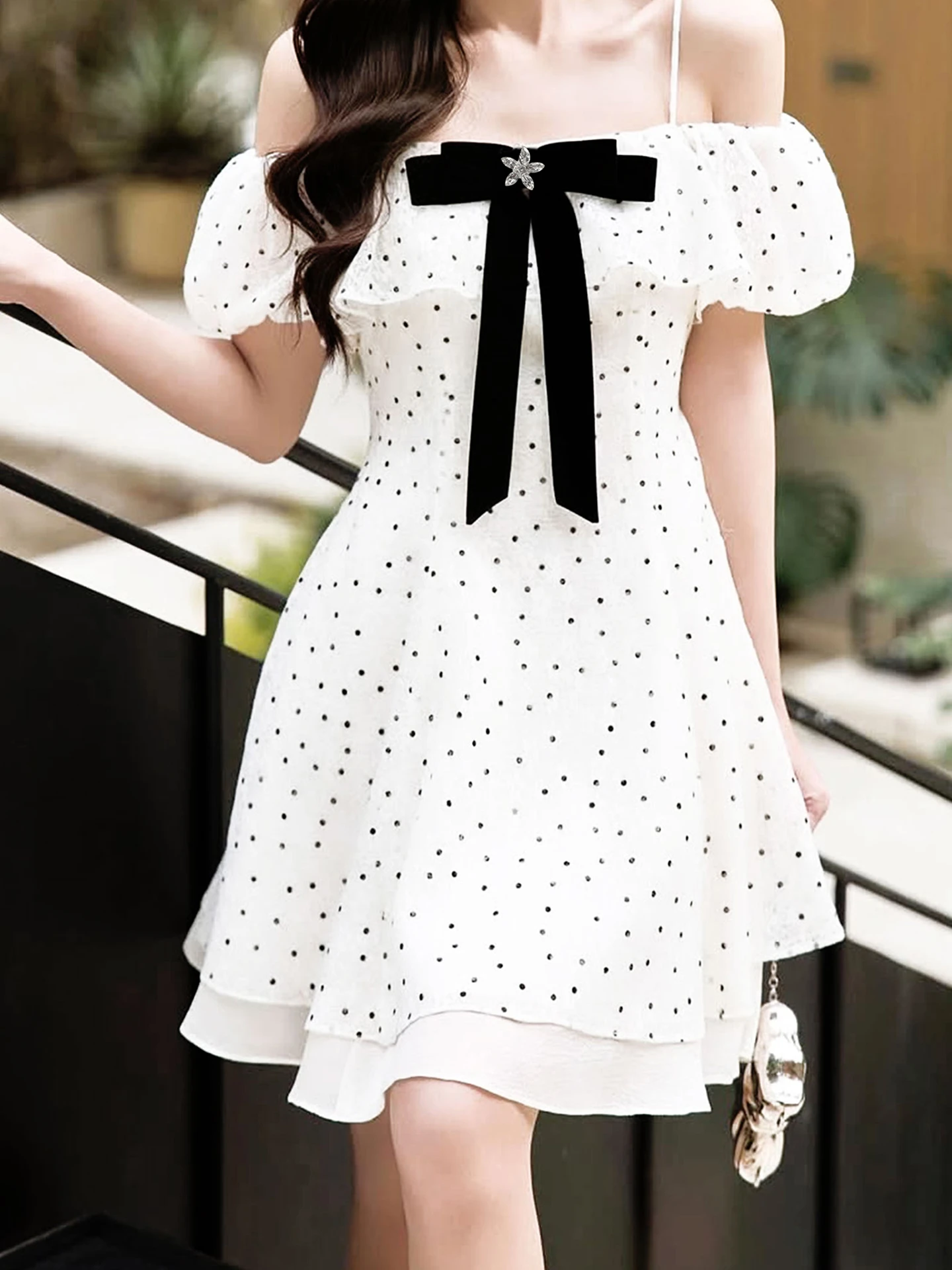 Polka Dot Side Bow Pleated Dress Mサイズ Elexiay Bow Dress | Print