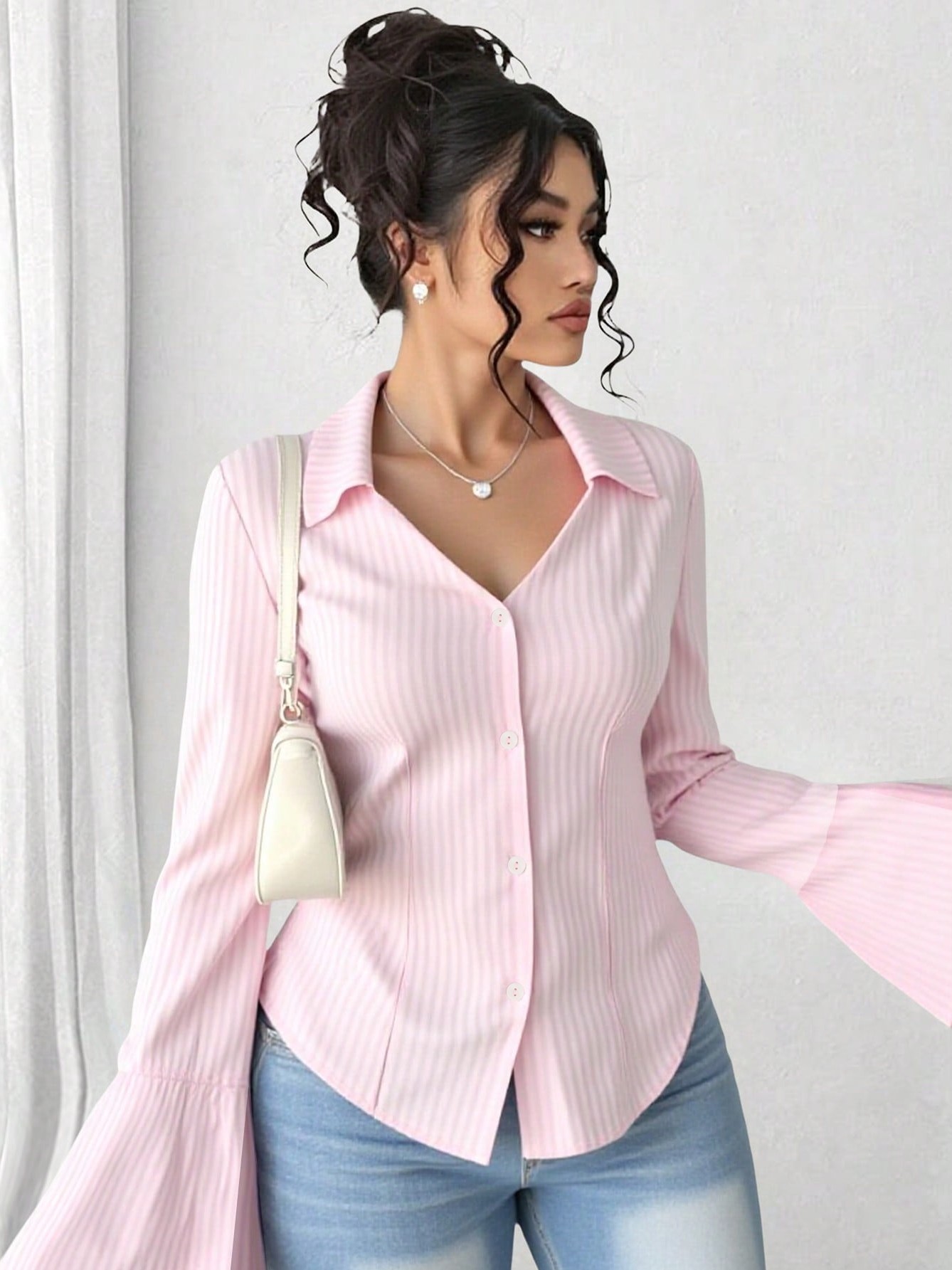 Pink Plus Size Pintuck Seam Placket Blouse