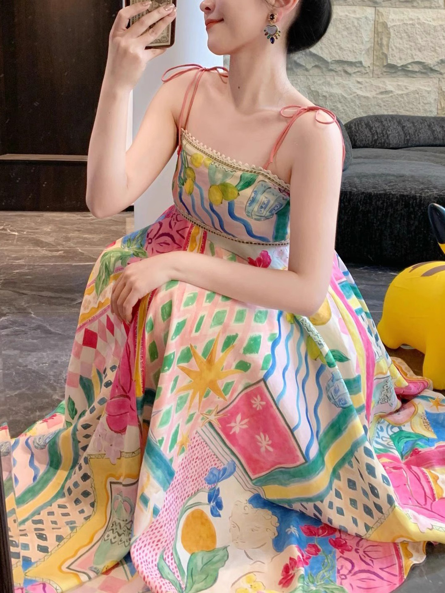 Multicolor Lace Up A-Line Dress