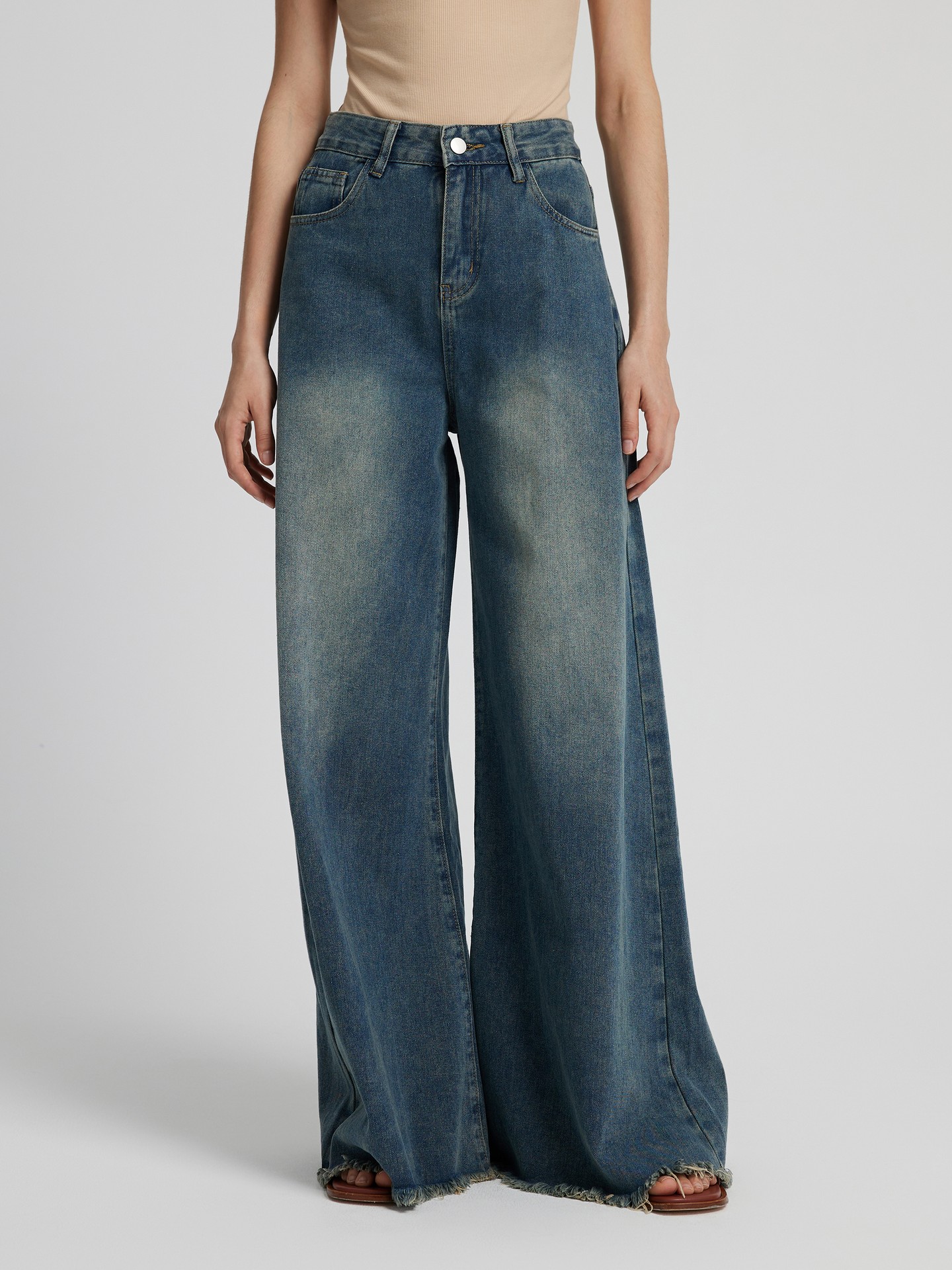Denim Mid Blue Raw Hem High Waist Wide Leg Jeans