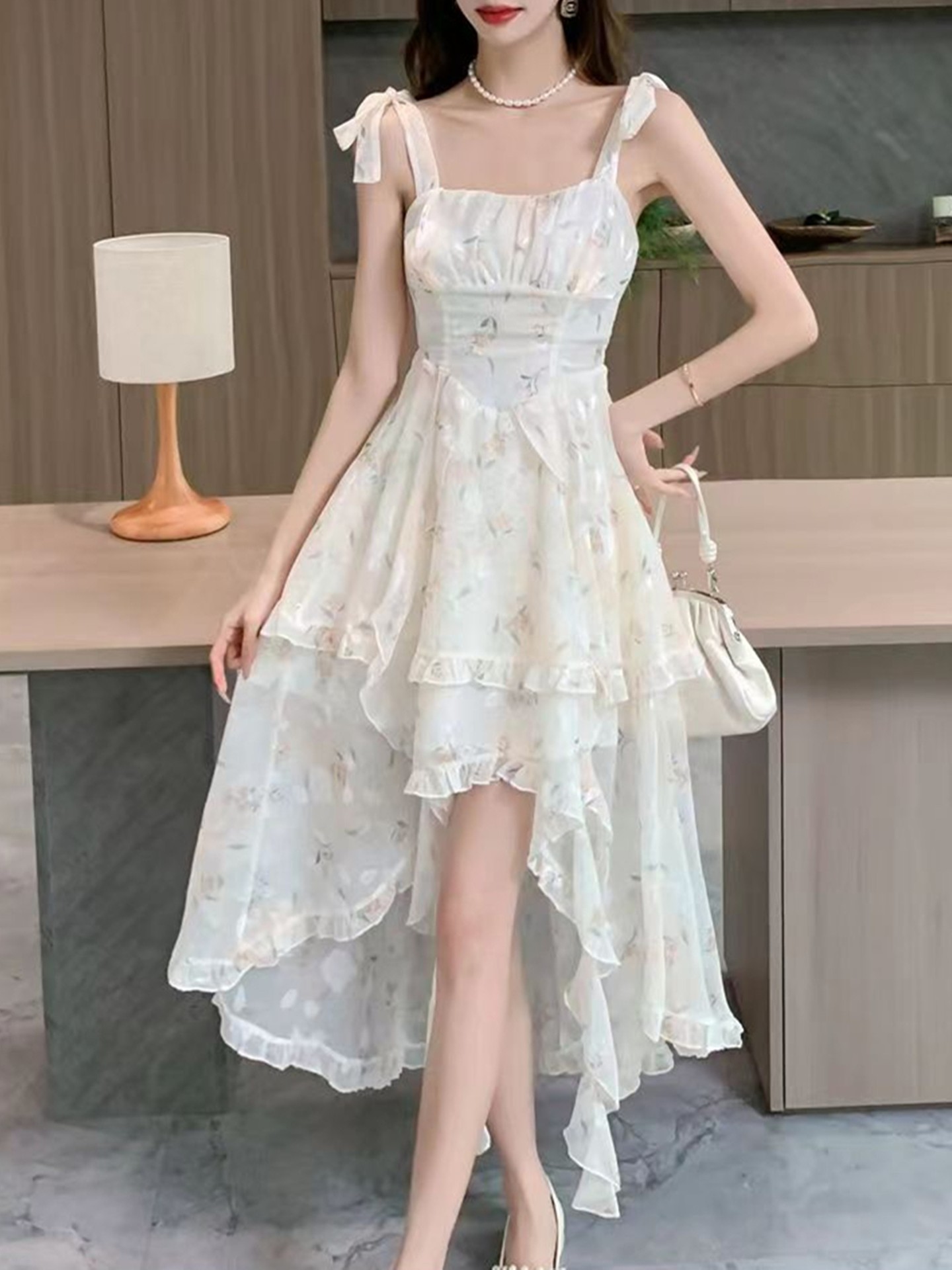Apricot Asymmetrical Double Layer Print Dress