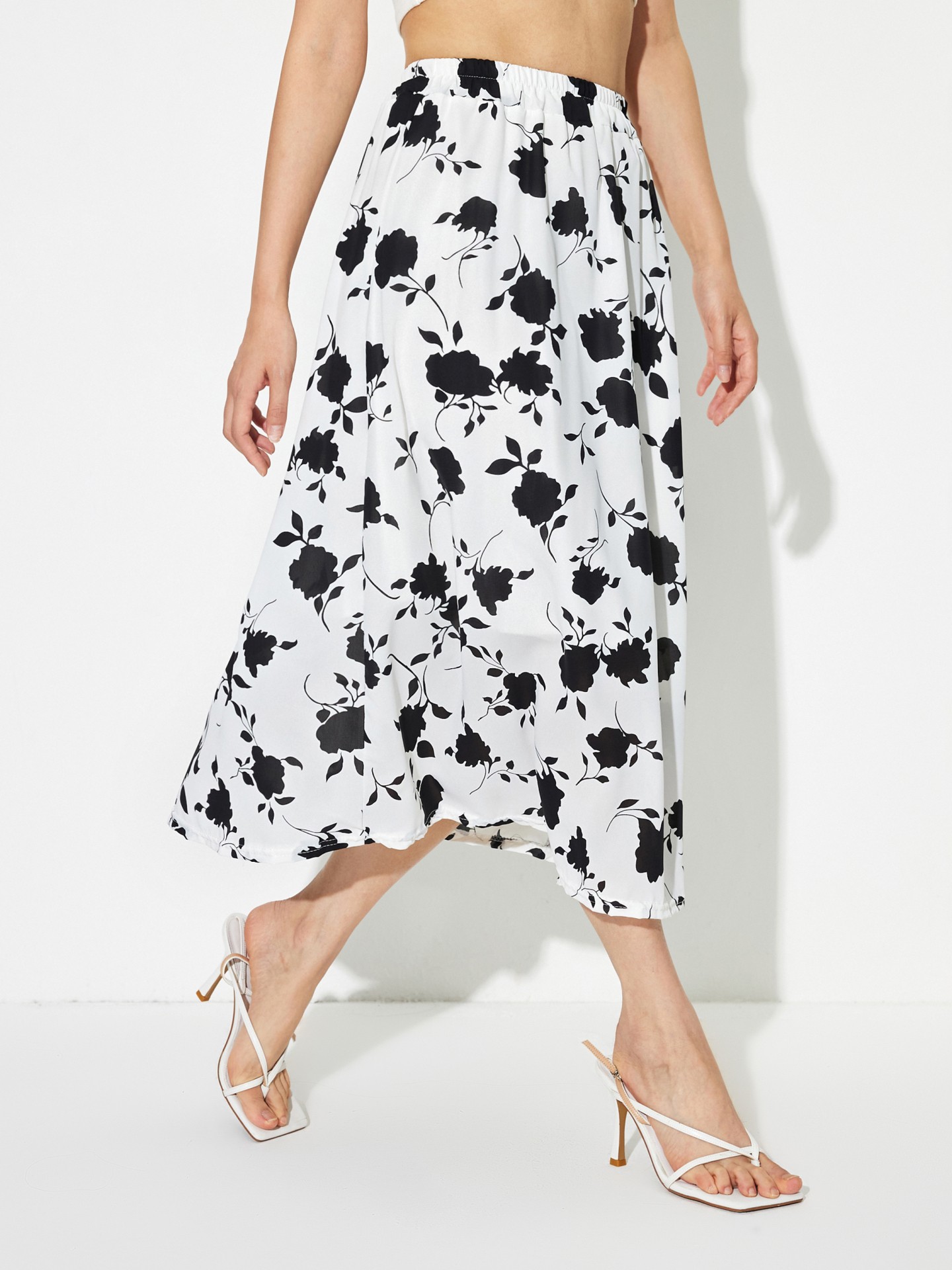 White Floral A-line Skirt