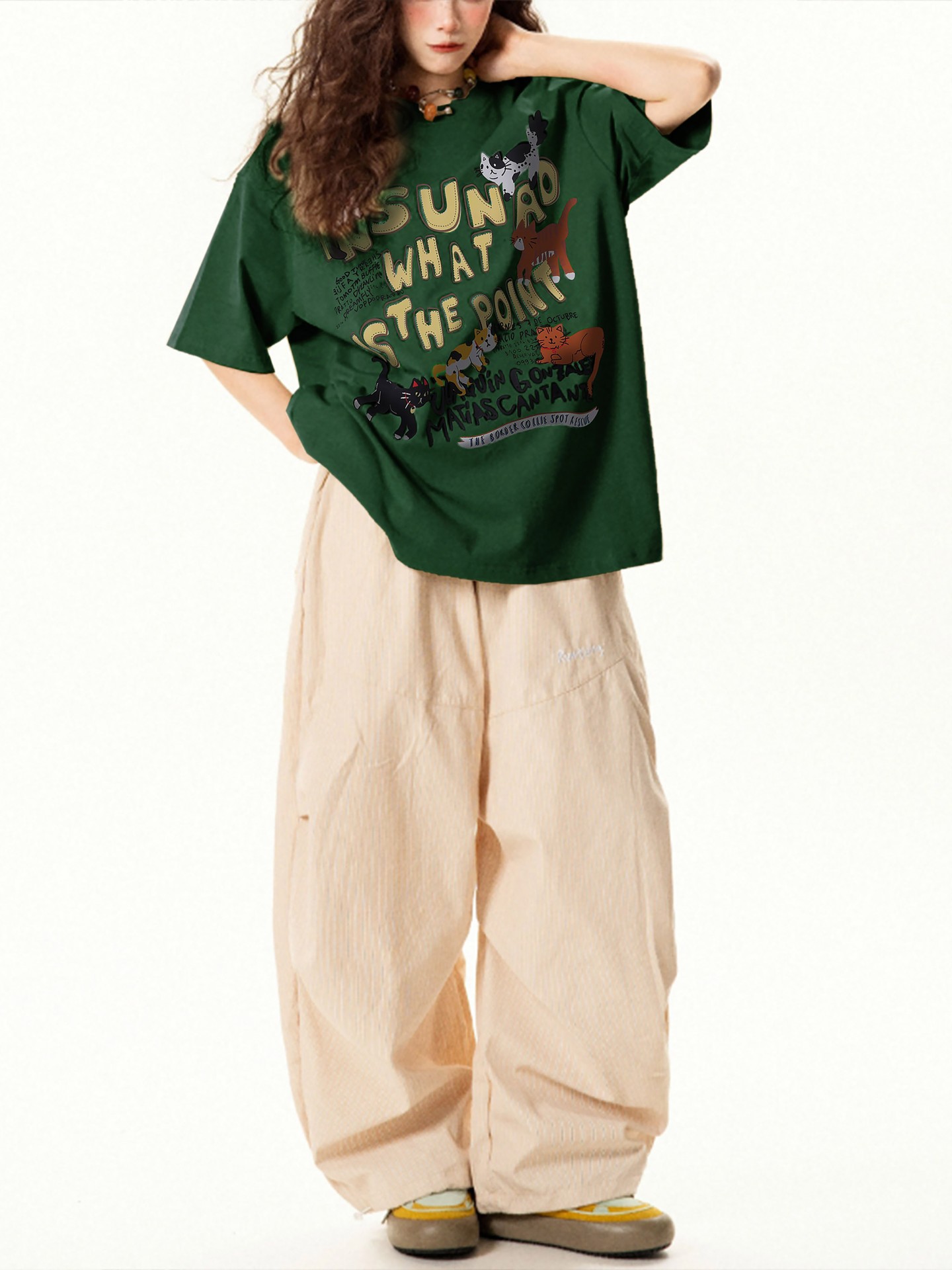 Dark Green Vintage Cats Printed T-Shirt