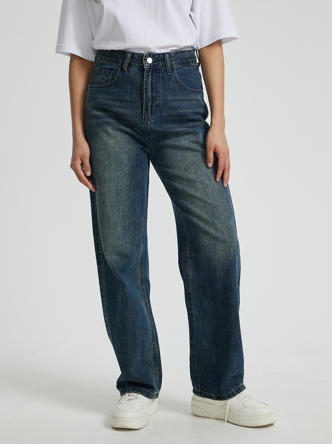 Dark Blue High Waist Straight Leg Jeans