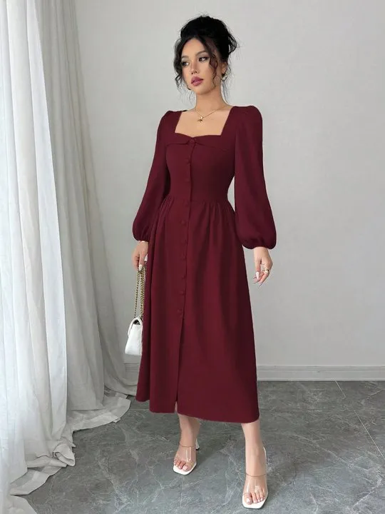 strapless open back dress Retro Stage 1950s Colorblock Long Sleeve Button Up Midi Dress Green main image 1