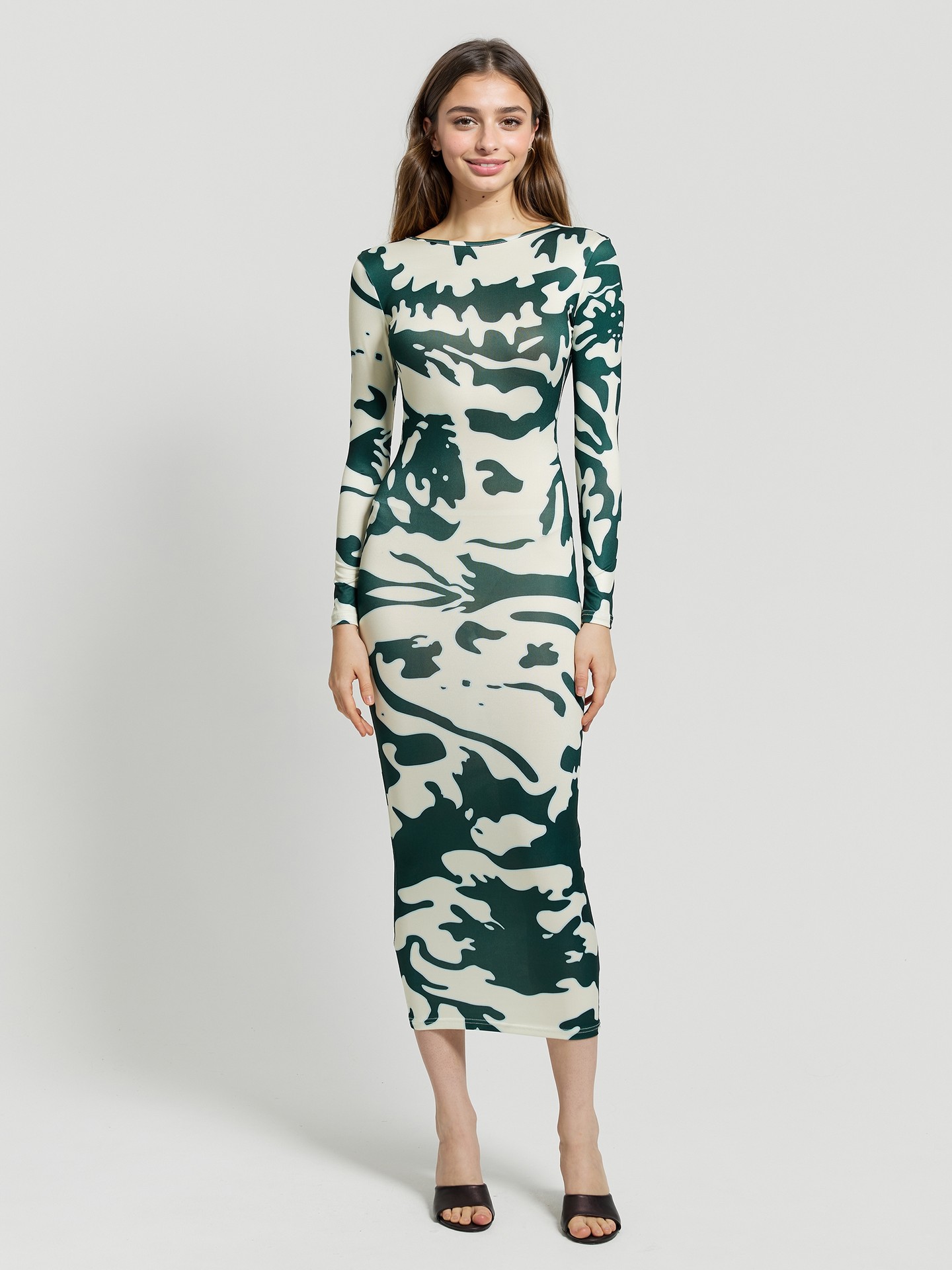 White-Dark green Open Back Bodycon Dress