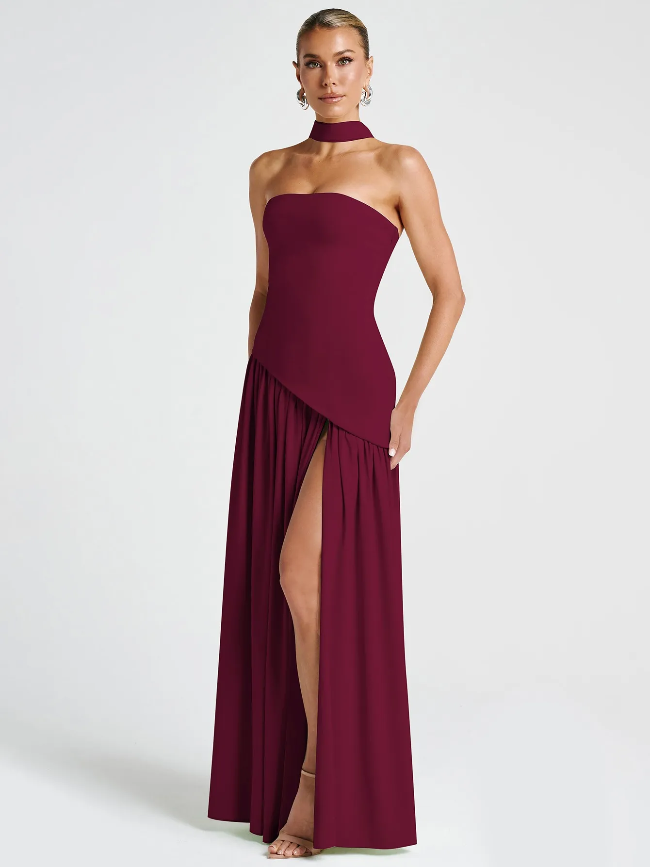 burgundy tube dress Jersey Maxi Embossed floral satin print strapless A Slit Burgundy Tube Dress Slit